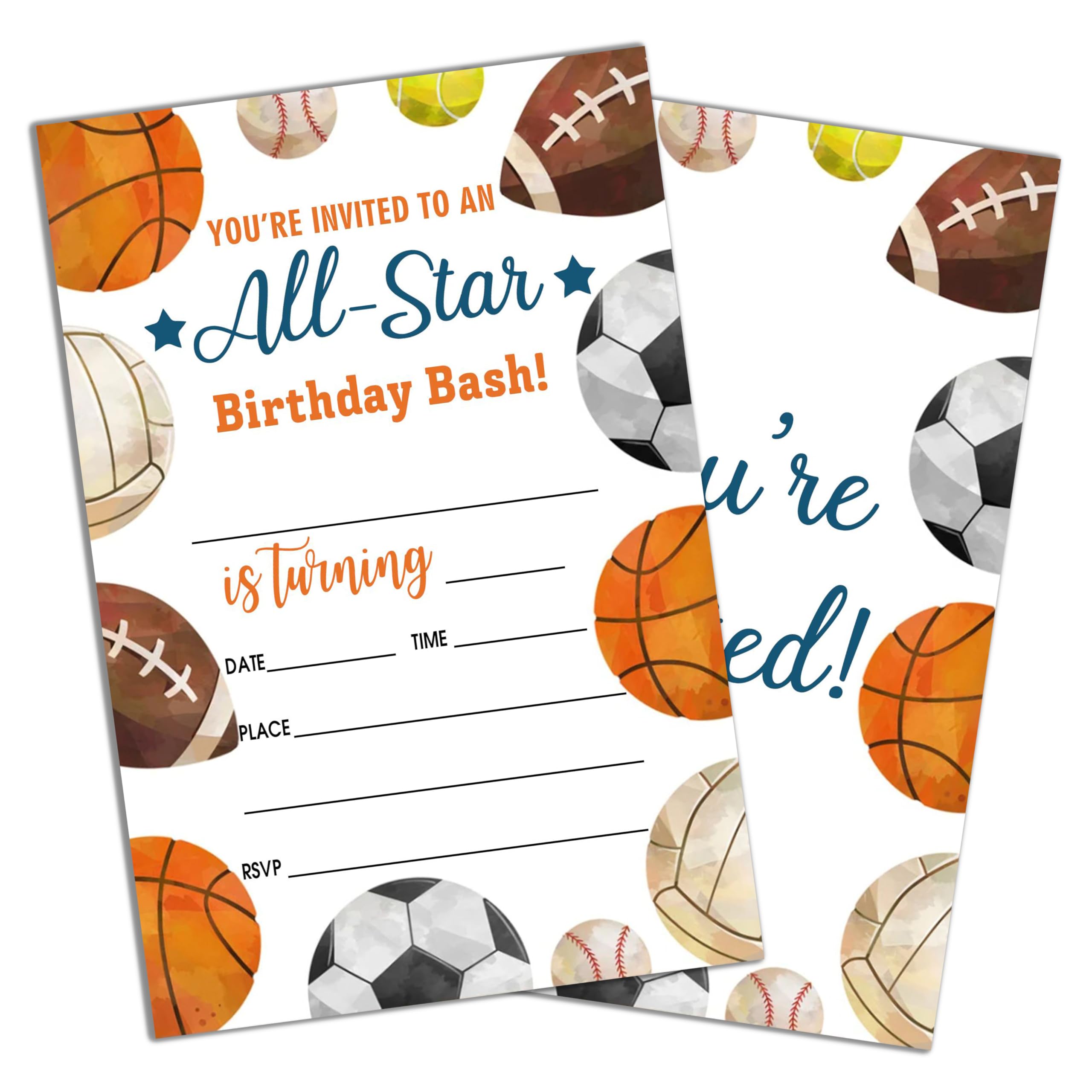 Sahjzk Sports Style Fill-In Birthday Invites(4"x6"), All Star Birthday Invitations with Envelopes(20-Pack), Birthday Party Supplies for Boys & Girls,