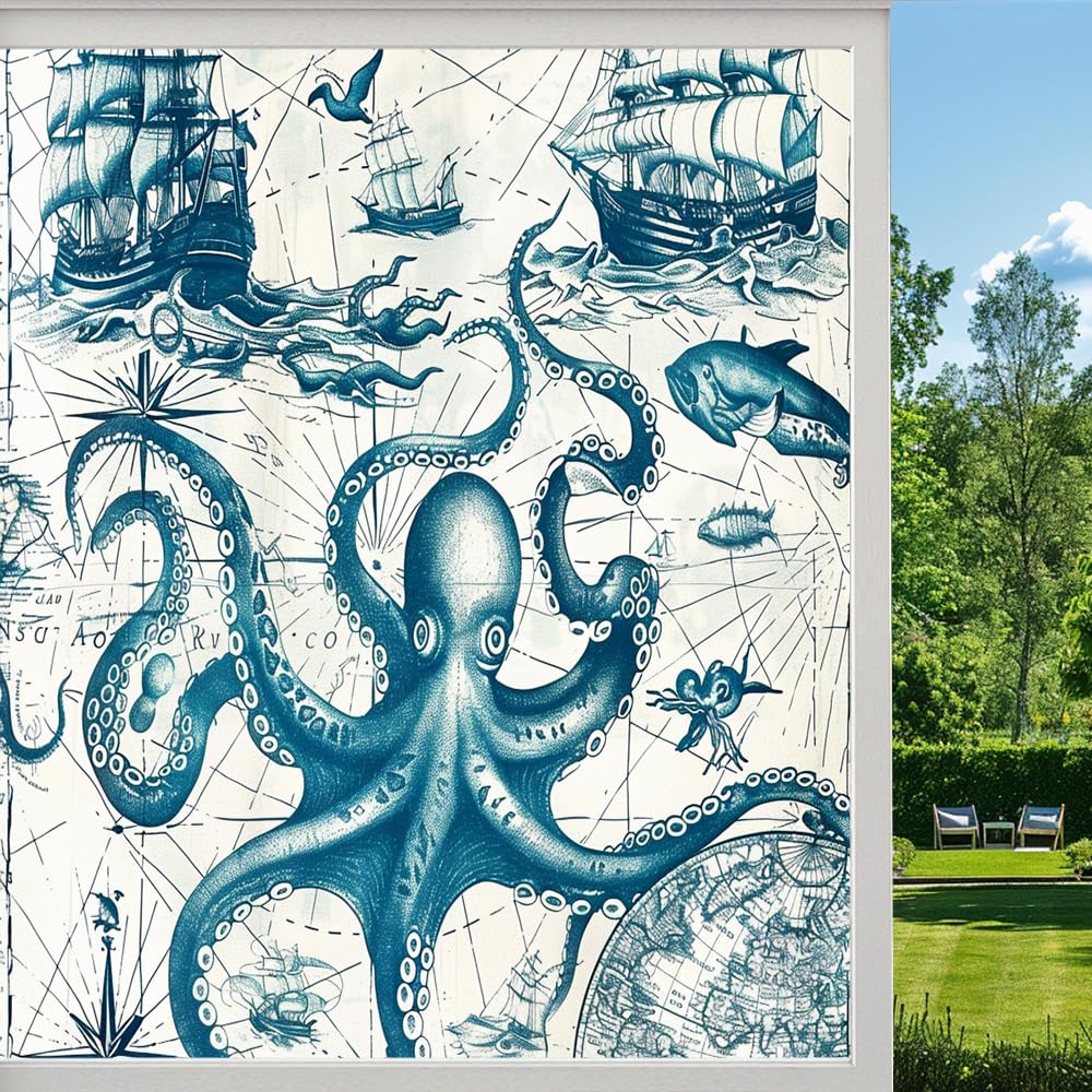 Watercolor Sea Octopus Privacy Window Film, Fantasy Animal Nautical Map Retro Frosted Self-Adhesive Vinyl Cling for Glass Doors Bathroom Windows Sun Blocking Heat Control, （40x90cm）