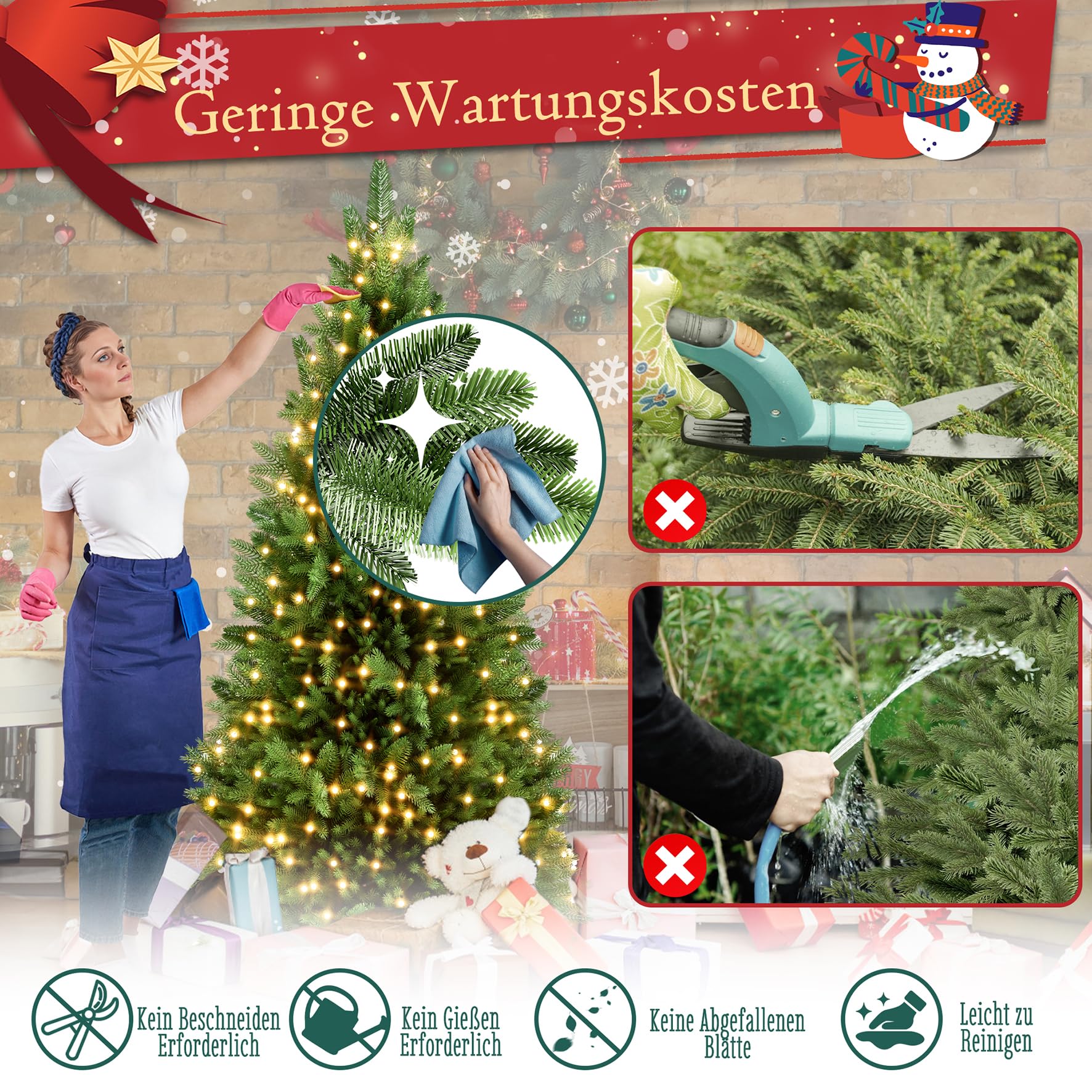 FIVMEN Weihnachtsbaum Künstlich mit Beleuchtung 150 cm PVC/PE Tannenbaum Christbaum Naturgetreu mit Holzsockel Weihnachtsbäume Christmas Tree Weihnachtsdeko