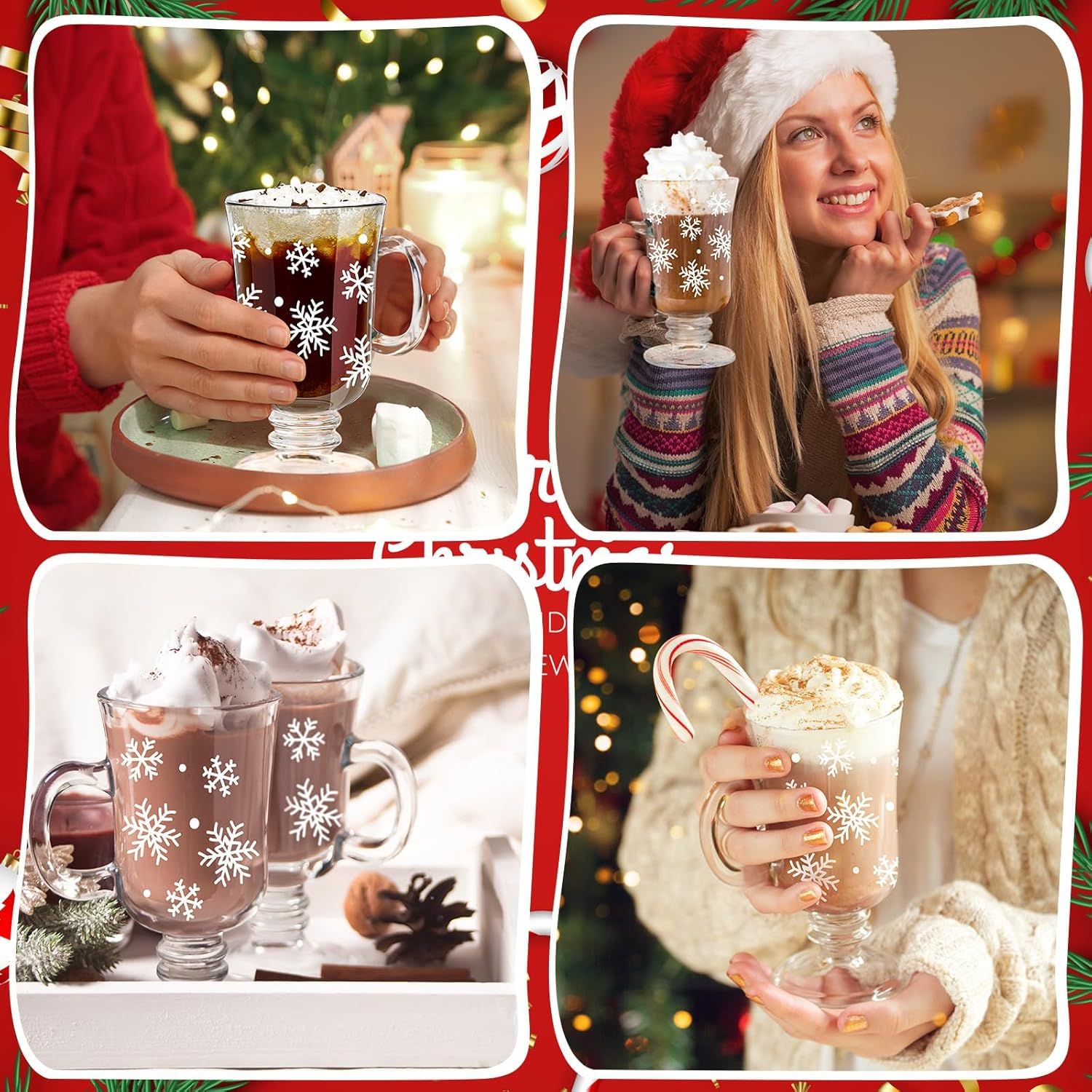 Sliner Kaffeetassen aus Glas mit Griff, 237 ml, transparent, irische Füße, Kaffeetassen, Winterurlaub, für Getränke, Latte, heiße Schokolade (Schneeflocke), 12 Stück