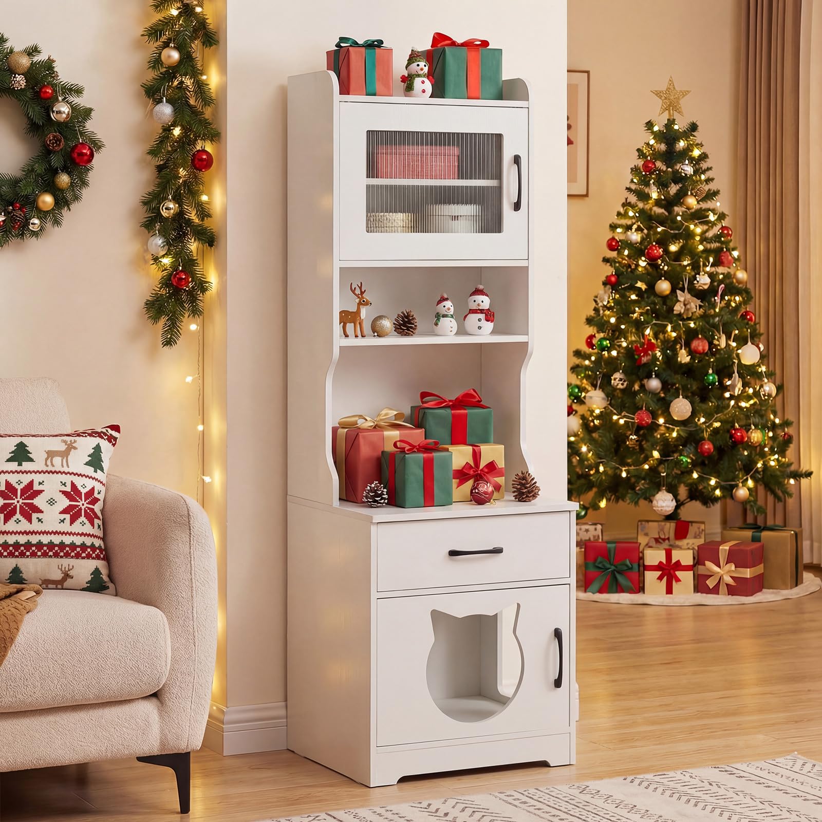 GYMAX Katzenschrank, Katzenklo Schrank mit Ladestation & LED-Licht, 16 Modi, Katzentoilette Schrank hoch mit Schublade, Regalen, Tür & Eingang, Hochschrank, 50 x 45 x 152 cm (Weiß)