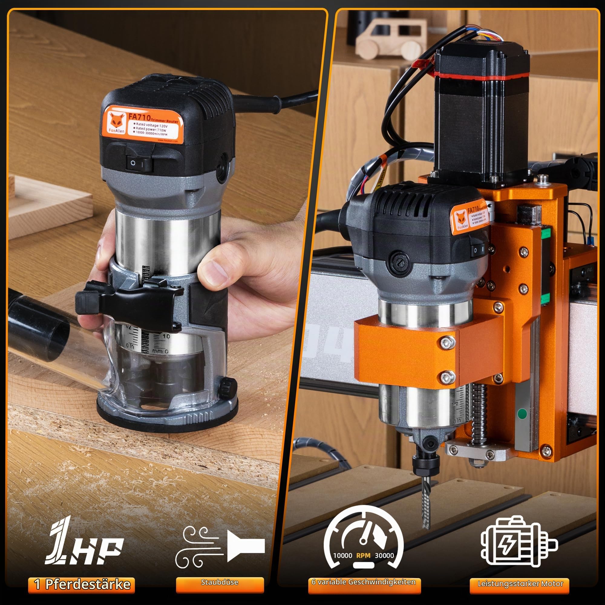 FoxAlien 1 HP 710W 65mm Durchmesser Compact Palm Router für CNC Fräsmaschine, 6 Variable Geschwindigkeiten Max 30000 R/MIN Holz Trimmer mit 1/4" Collect