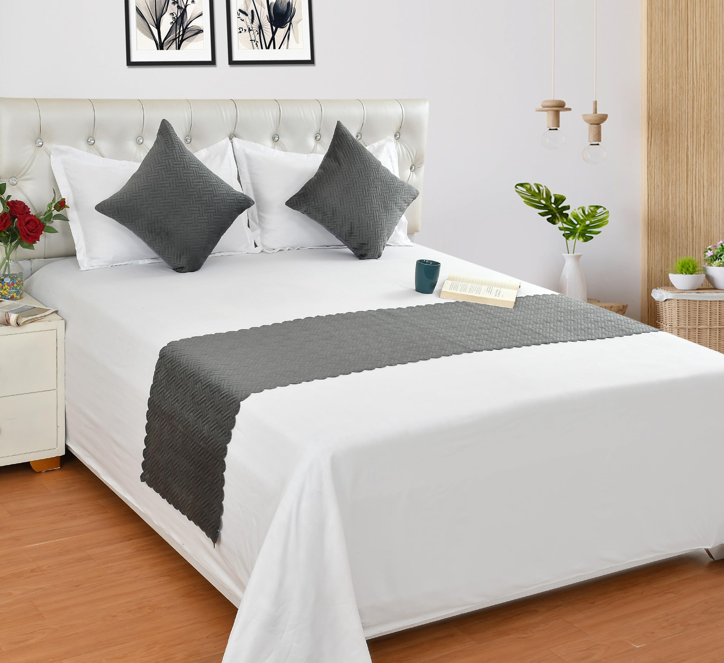 Shri Anand Creations Ultrasonic Quilted Velvet Bed Runner Scarf with Cushion Covers for Double Bed, King Size Bed (Runner: 18x90, Cushion Cover: 16x16) (Grey)-picture-18