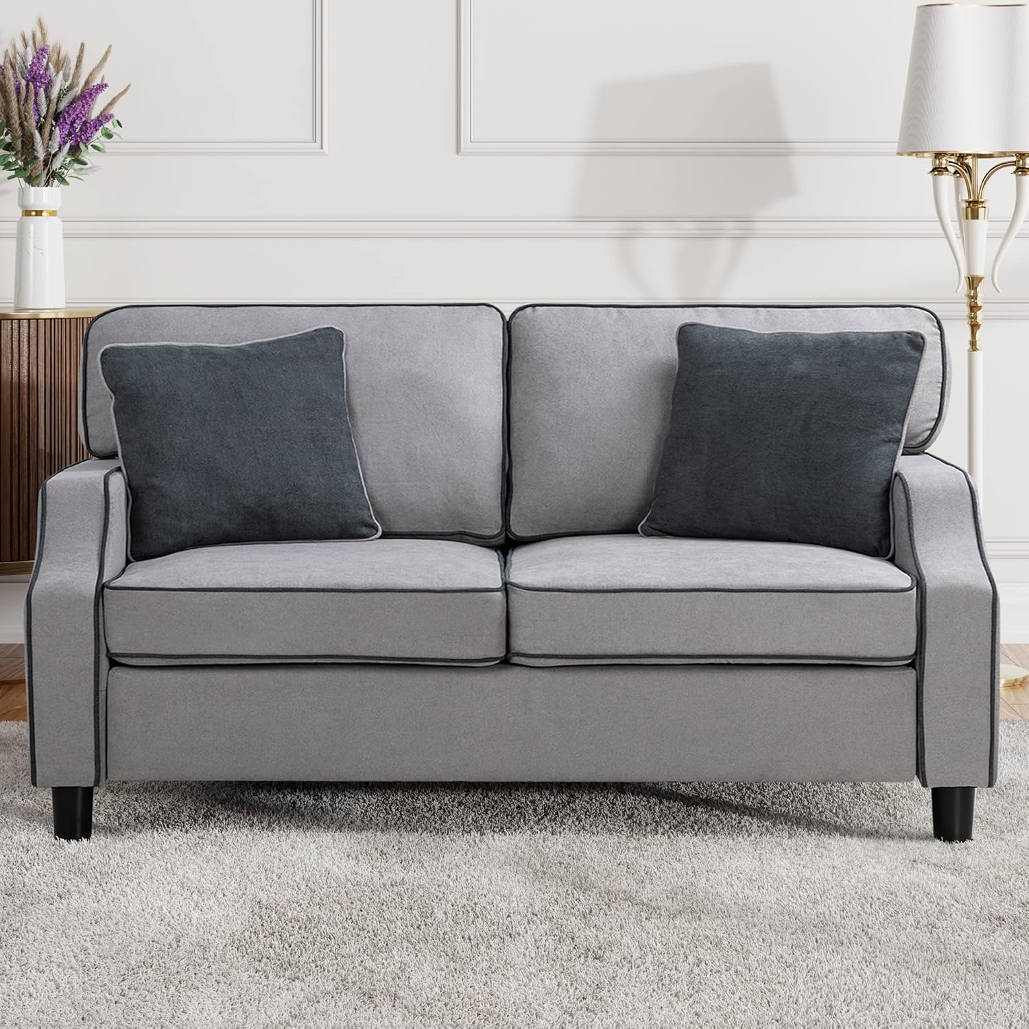 (Incomplete box 1 of 2)Shintenchi 56”Small Modern Fabric Sofa Couch,Mid Century Linen Upholstered Fabric 2-Seat Sofa Loveseat Furniture with Pillow for Small Living Room, Apartment, Small Space,Light Gray Light Grey Loveseat Sofa