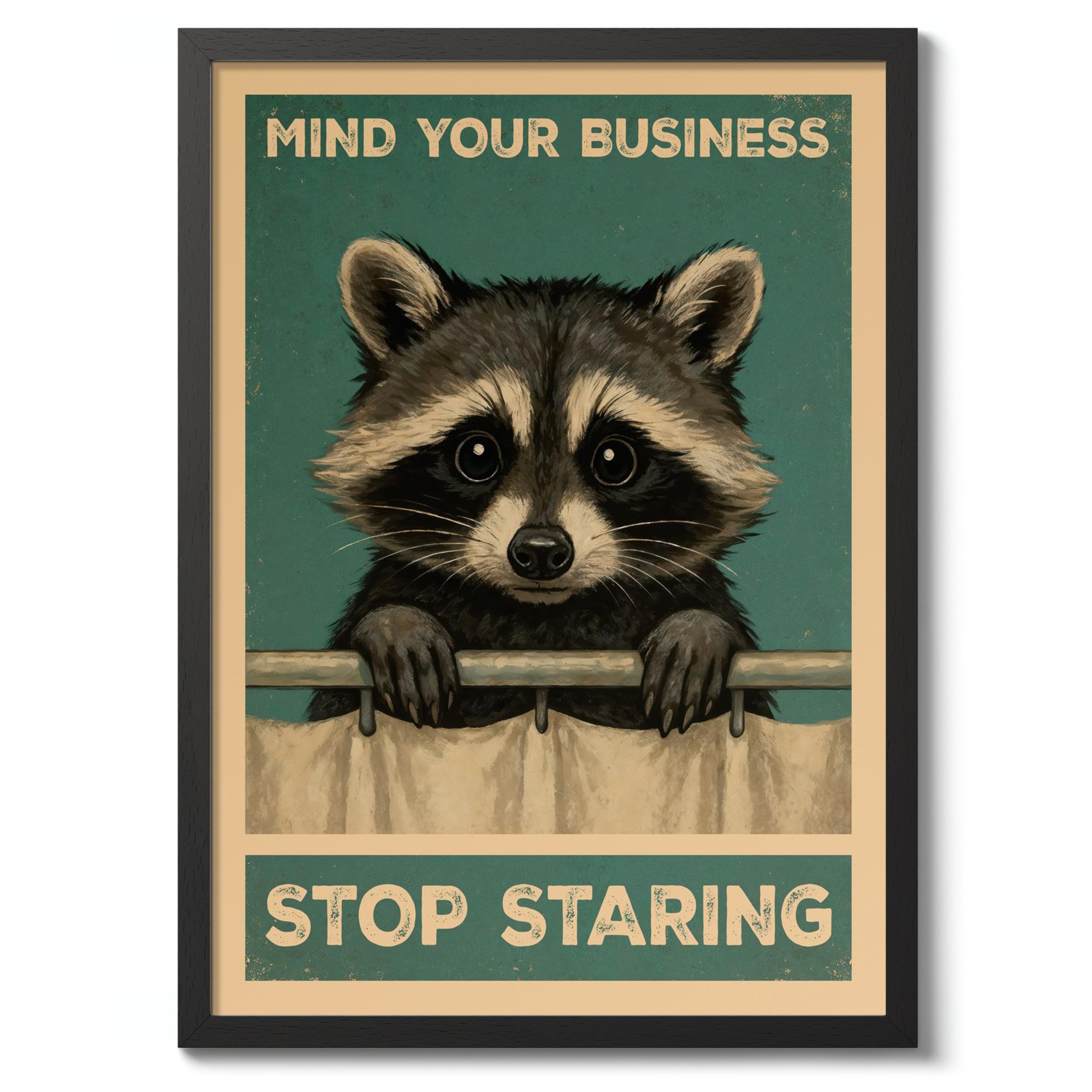 Mind Your Business, Stop Staring Poster, Retro Animal Bathroom Print, Comedy Toilet Wall Art, A3 (Black Frame) - 45x32.8cm