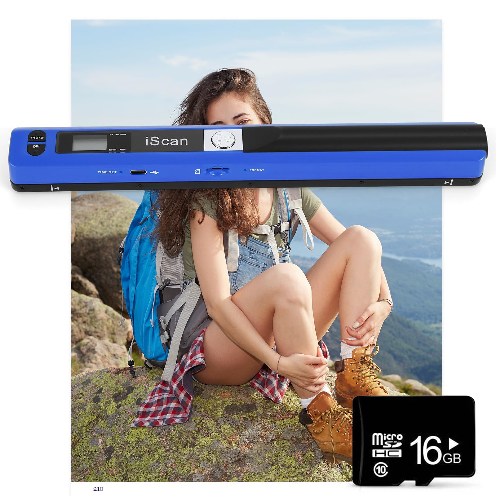 Tragbarer Dokumentenscanner Blau 900 DPI Handlicher USB-Bildscanner A4 Farbfoto Mobiler Scanner Praktischer Scanner (JPG/PDF-Format, Hochgeschwindigkeits-USB 2.0, Scanner + 16GTF-Karte)