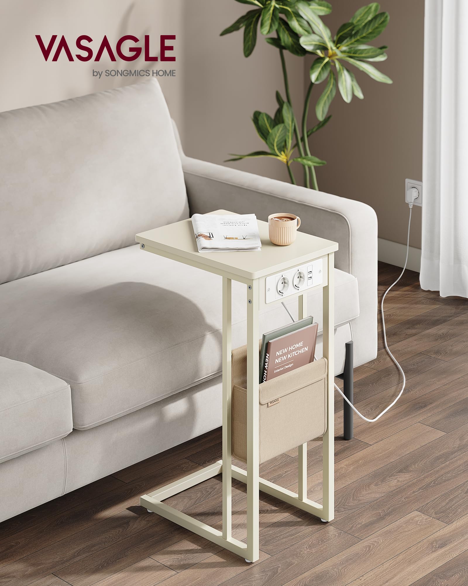 VASAGLE Beistelltisch, C-Form, mit Steckdose, Metallgestell, 40x30x62.2 cm | Sofatisch, Kaffeetisch, für Kaffee und Laptop, modernes Design, cremeweiß, BARNET Kollektion LET356W02