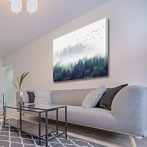 Miniatura 2 de Looife Lienzo decorativo para pared, 36 x 24 pulgadas, diseño de árboles verdes brumosos, arte enmarcado estirado, póster envuelto con paisaje