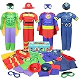 Boys Muscle Chest Dress up Costumes Trunk with Superhero, Policeman, Fireman Costume, Kids Pretend Role Play Costumes Set, Boys Dress up Clothes for Kids Ages 3 4 5 6 7