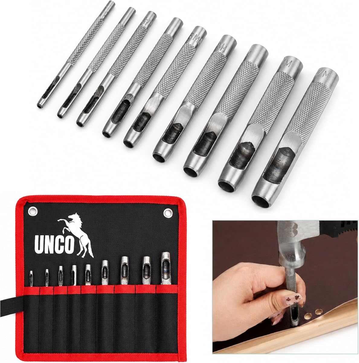 Hollow Leather Hole Punch Set, 2.5mm-10mm, 9 pcs, Silver, Carbon Steel Leather Hole Punch Tool with Storage Bag