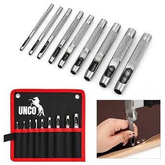 UNCO- Hollow Leather Hole Punch Set, 2.5mm-10mm, 9 pcs, Silver, Carbon Steel Leather Hole Punch Tool with Storage Bag