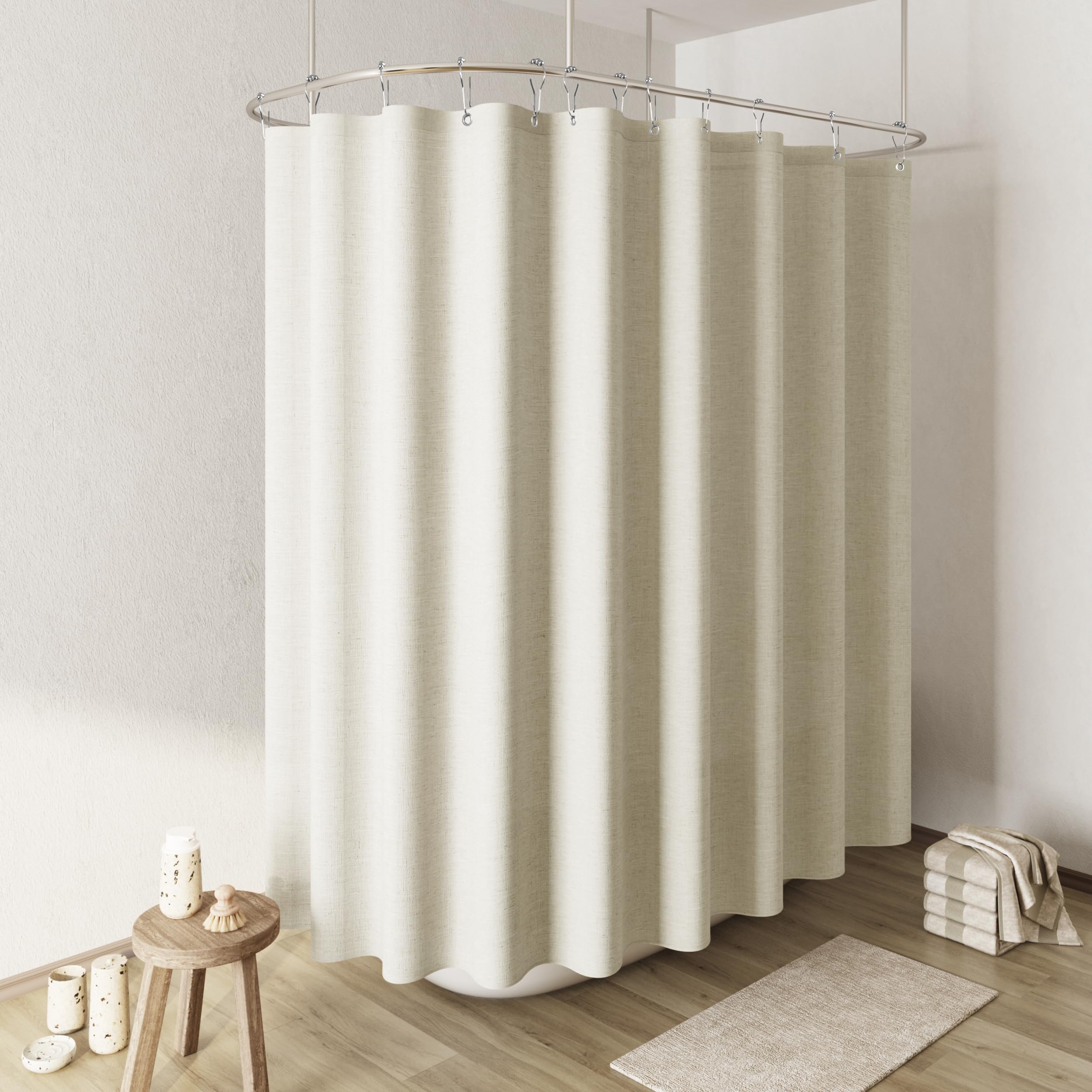 Naturoom Ivory Linen Shower Curtain, Cloth Textured Fabric Shower Curtain Set with Hooks, Simple Elegant Modern Farmhouse Country Ultra Thick Bath