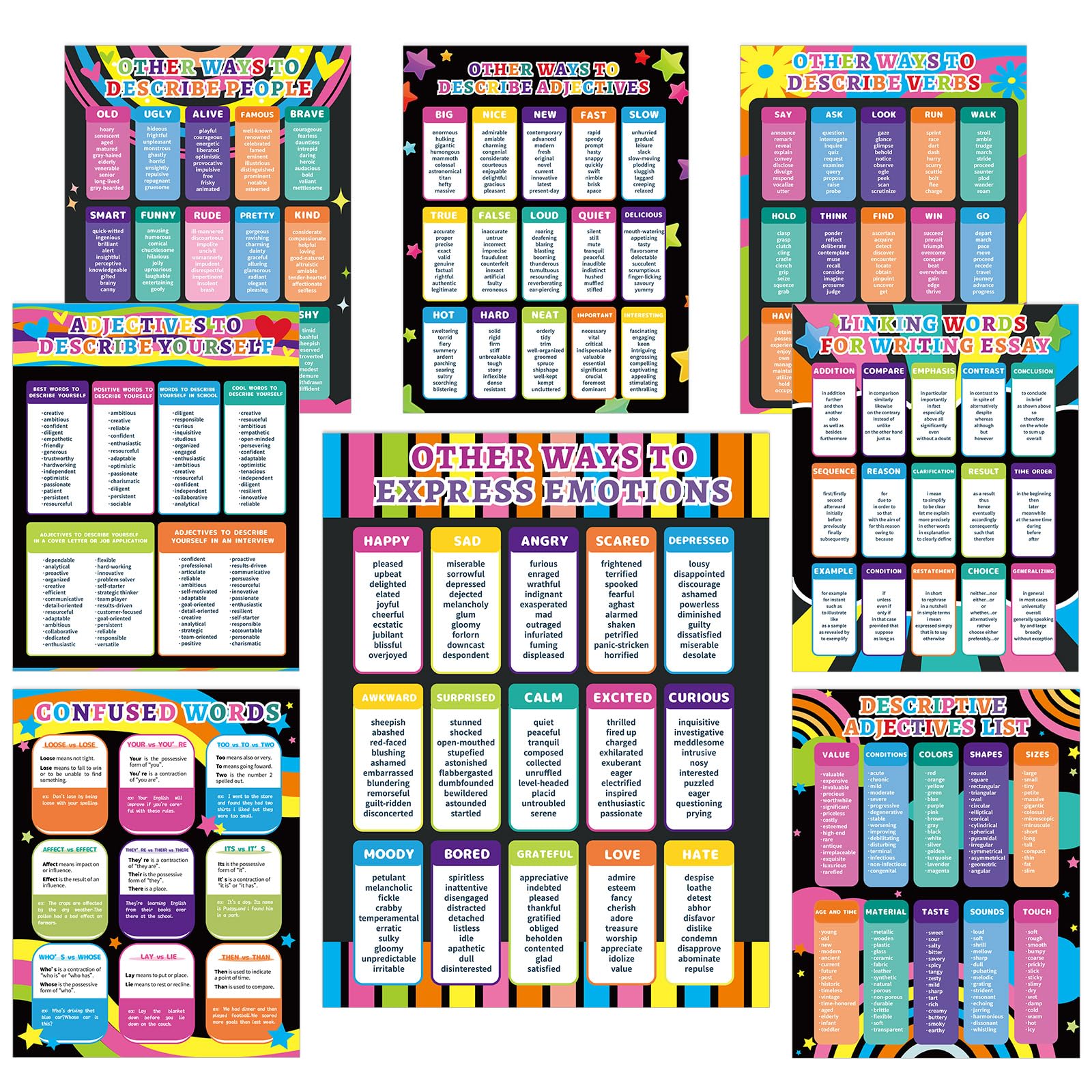 gisgfim 8Pcs Colorful English Educational Classroom Posters ESL Classroom Decor Synonyms Poster Different Ways to Say Poster for Teacher Supplies Middle School High School Must Haves 14.2 x 11in