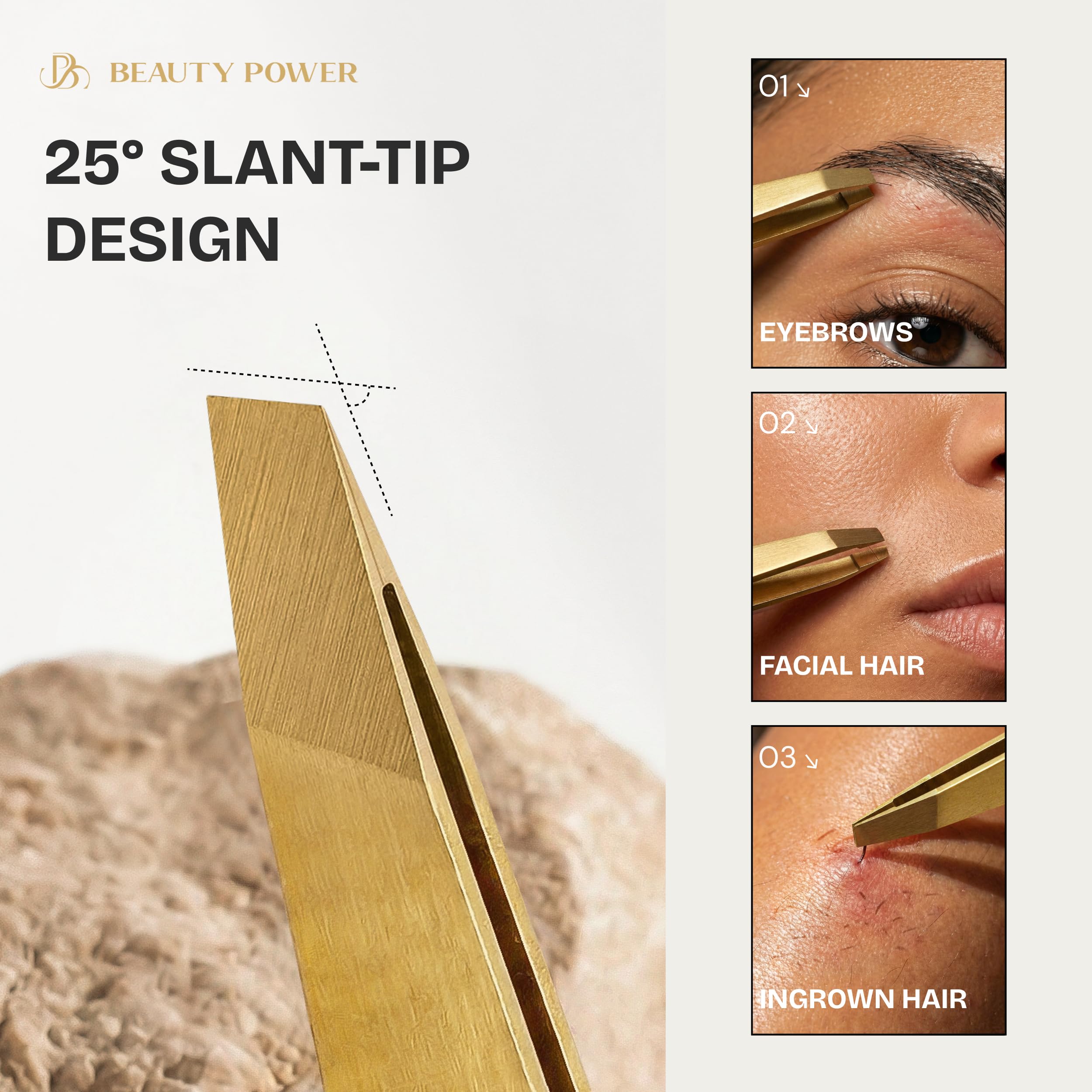 Beauty Power Profesjonalna pęseta, skośna, trwała, lekka niemiecka stal nierdzewna, ultra precyzyjna pęseta do usuwania brwi, zarostu, brody i wrastających włosów (matowe złoto)