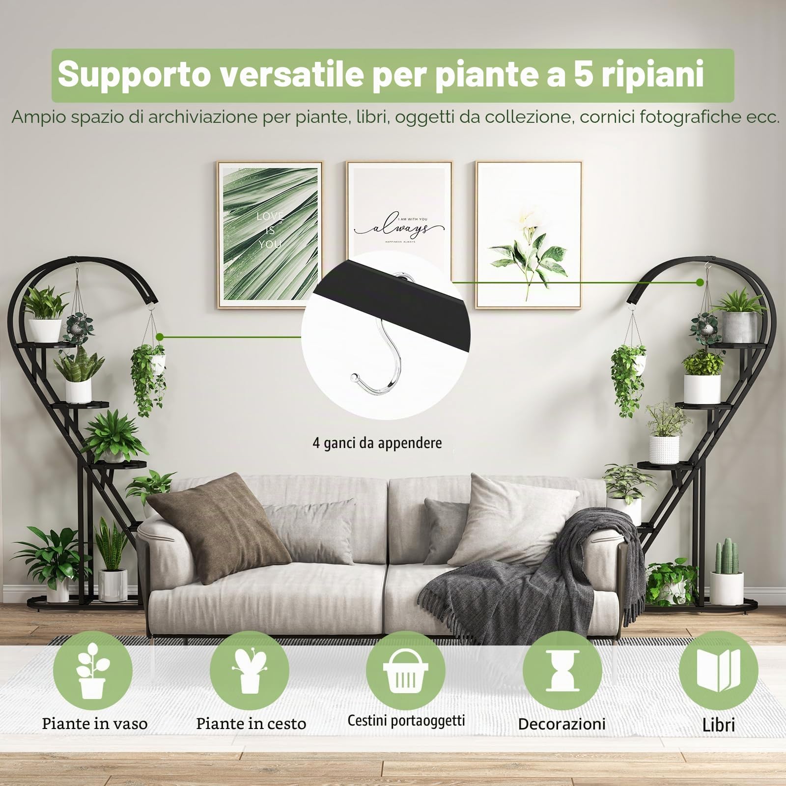 HOMASIS Scaffale Portapiante a Forma di Cuore con 5 Livelli, Portavasi in Ferro, Scaffale Multilivello con Ganci per Interni & Esterni, Adatto per Matrimoni, San Valentino (Nero)
