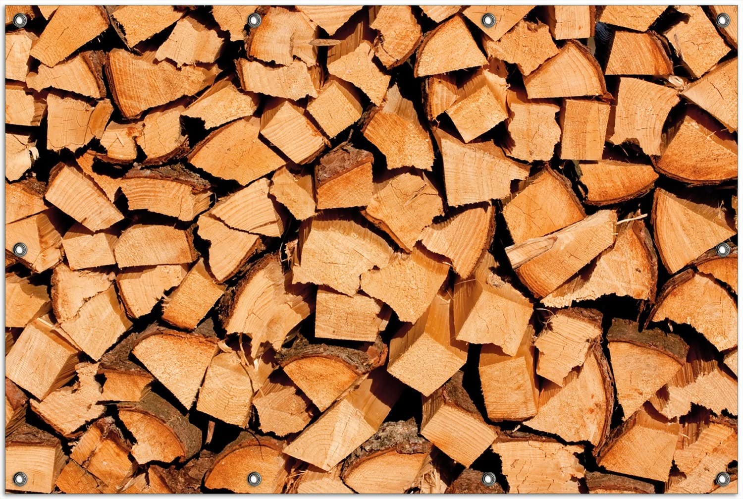 Wallario Outdoor-Poster für Garten oder Balkon Holzstapel gehackt - Holzscheite für den Kamin, Motivbanner Größe: ca. 100 x 150 cm, Outdoor-Bild