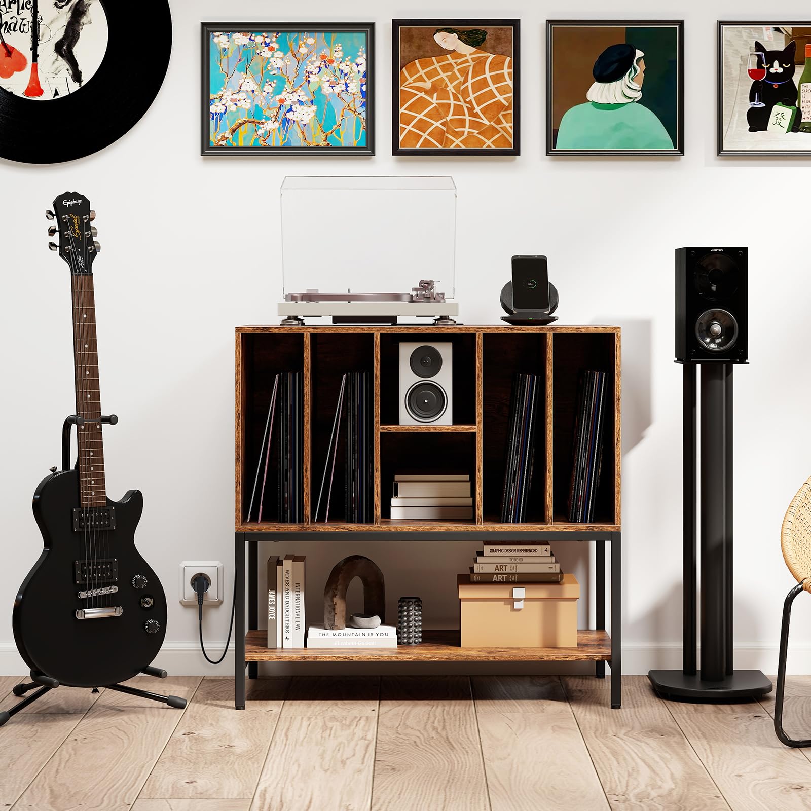 KOMFOTTEU Meuble Platine Vinyle avec Station de Charge, Support de Tourne-Disque, 80 x 45 x 79,5 cm, Industriel