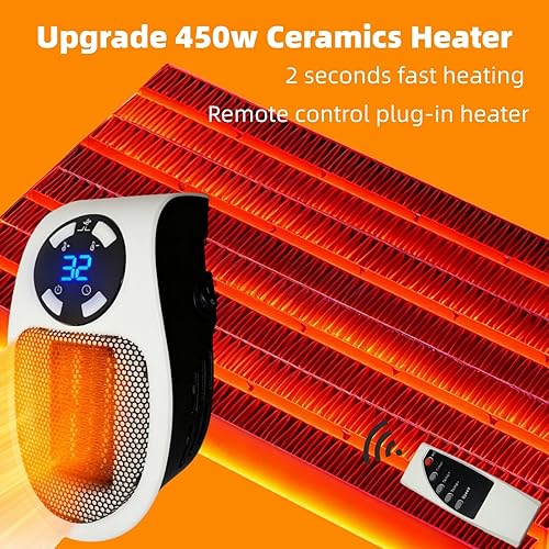 Miniatura 3 de Calentador de calor superior enchufable, calentador portátil de 450 W para uso en interiores, con control remoto, protección térmica, LED, cerámica