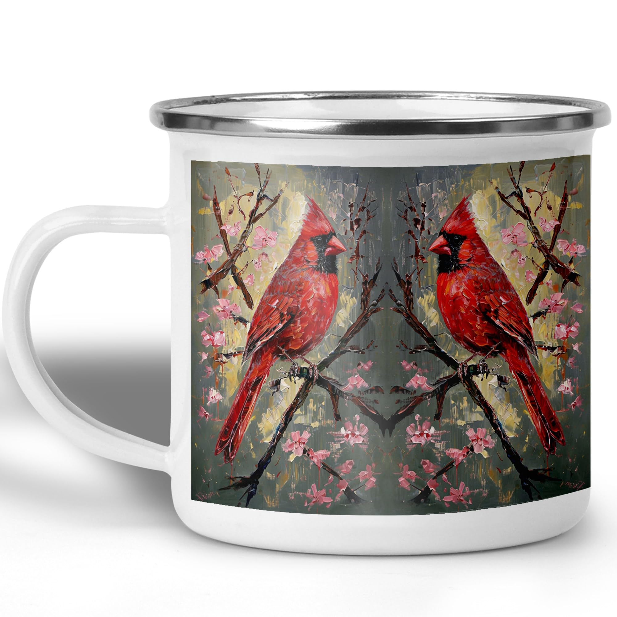 The Home Champs Red Cardinal Birds Camping Mug, 12oz Mug Spring Cherry Blossom Bird Lover Gift, Enamel Campfire Cup for Outdoor Hiking Travel Nature Enthusiasts, Rustic Artistic Design