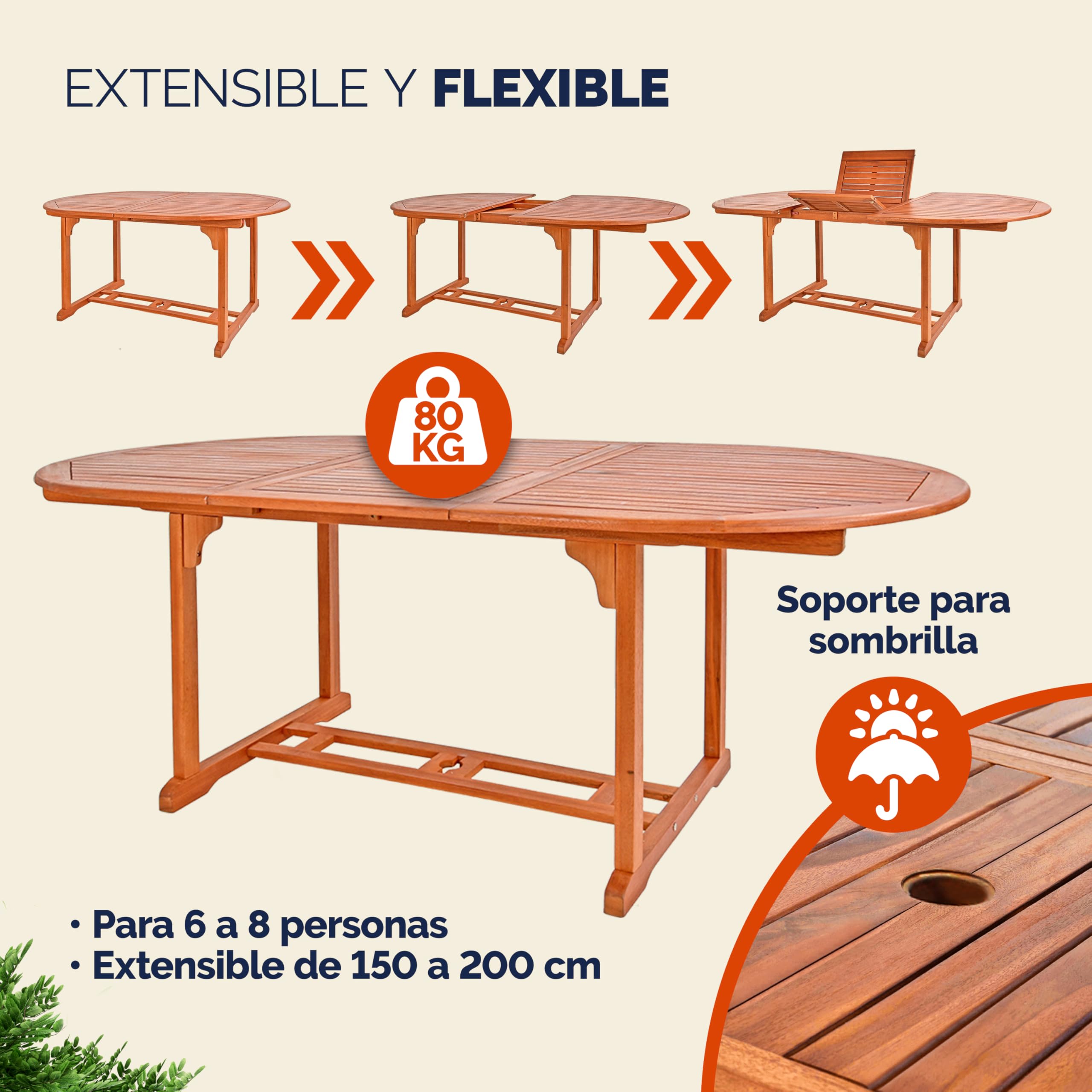 CASARIA® Mesa Comedor Extensible Plegable 200x100cm Madera Certificación FSC® con Orificio para Sombrilla Resistente Intemperie Estable Mueble Exterior Jardín Terraza