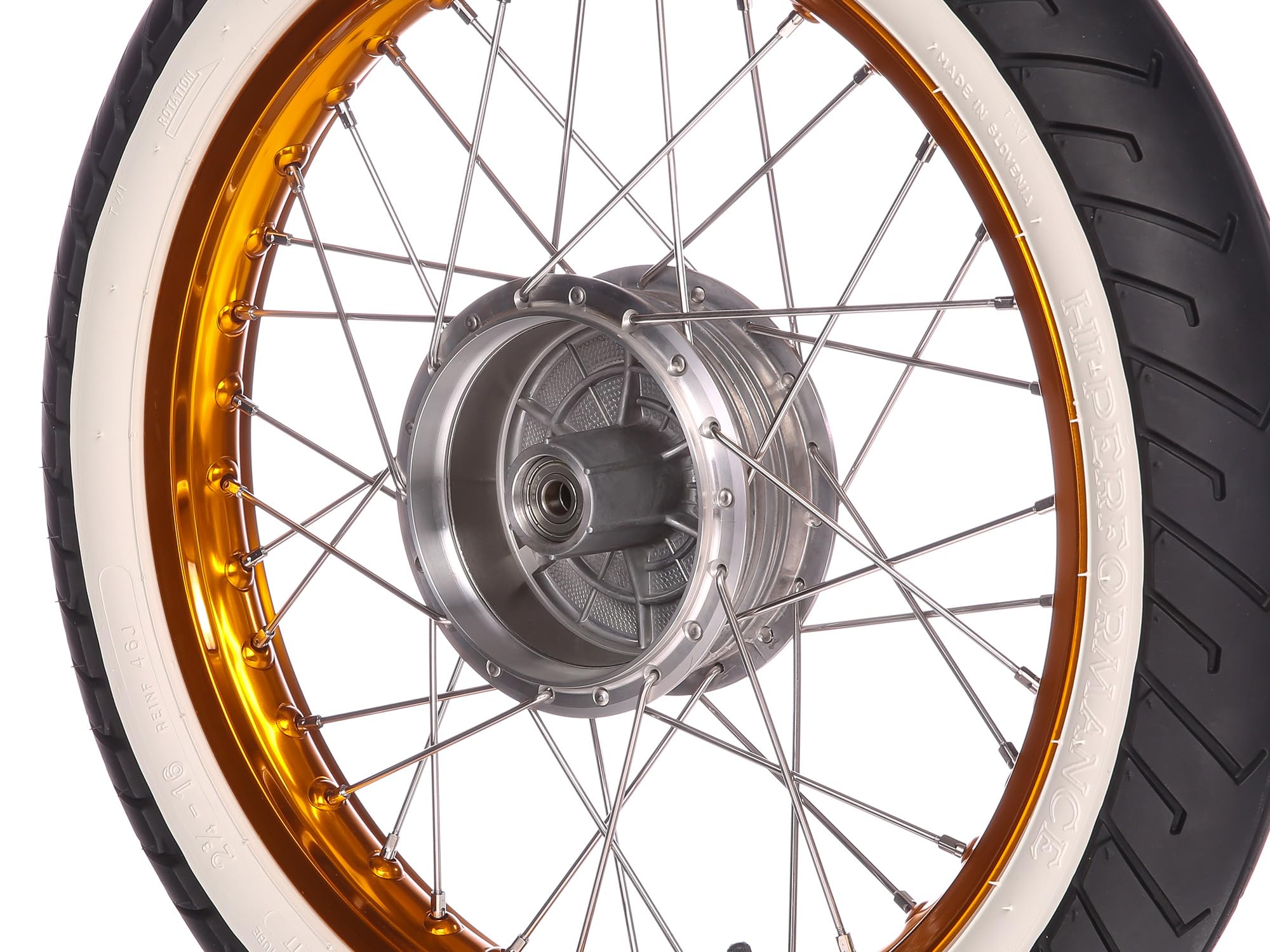 Kompletny rower - przód - 1,5 x 16 cali - felga aluminiowa pomarańczowa eloksalowana i polerowana, szprychy ze stali szlachetnej - opony z białymi ściankami MITAS MC2 montowane