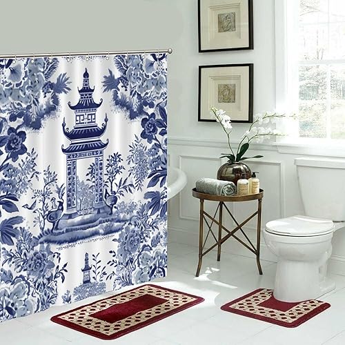 Miniatura 1023 de Cortinas de ducha de baño con ganchos, 72 x 92 pulgadas, cortina de ducha de tela impermeable con diseño de flores y pájaros, cortina de ducha