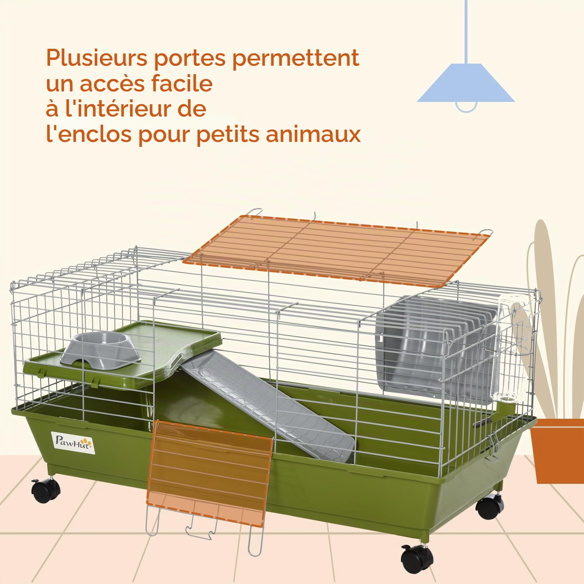 PawHut Cage Lapin/Cochon d'Inde, roulettes, 89x44x43cm, Vert