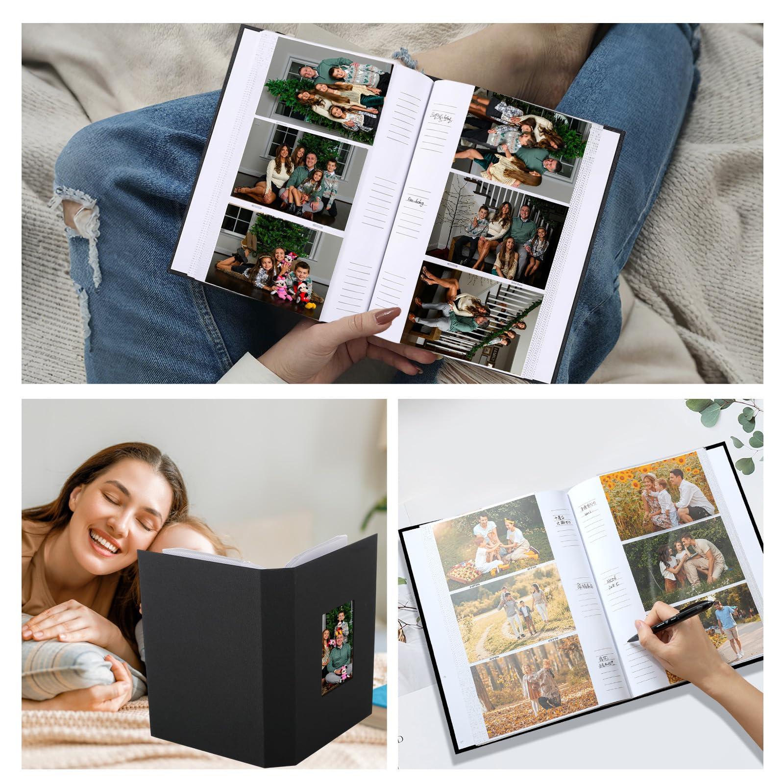 Album Fotografico 10x15 cm 300 Foto - Copertina in Lino Nero con Finestra Frontale, 50 Fogli (100 Pagine), con Superficie di Scrittura - per Matrimonio, Famiglia, Viaggi.