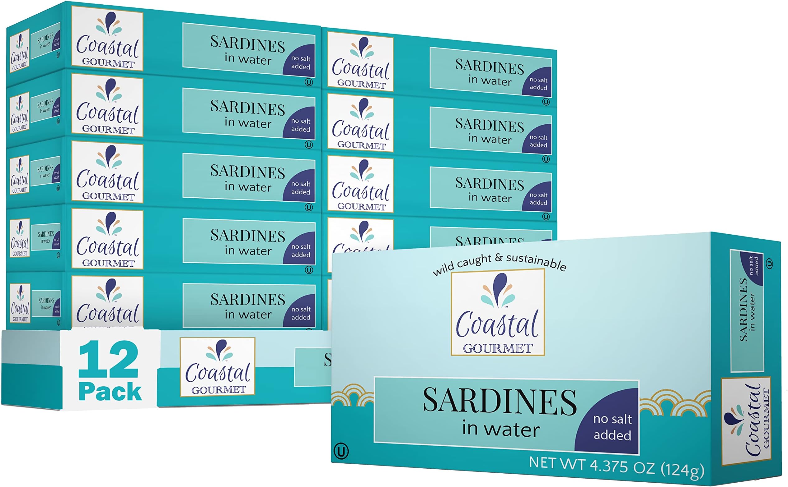 Coastal Gourmet Sardines in Water- No Salt Added 4.375 oz. (Pack of 12) (Packaging May Vary)