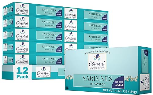 Miniatura 1 de Coastal Gourmet Sardinas en agua, sin sal añadida, 4.375 onzas (paquete de 12) (el embalaje puede variar)