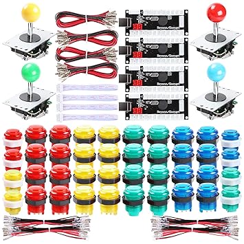 Hikig 4 Player LED Arcade Games DIY Kit, 4X Fighting Joystick + 40x LED Arcade Buttons + 4X USB Encoder for PC MAME & Raspberry Pi 1/2/3, Multicolor