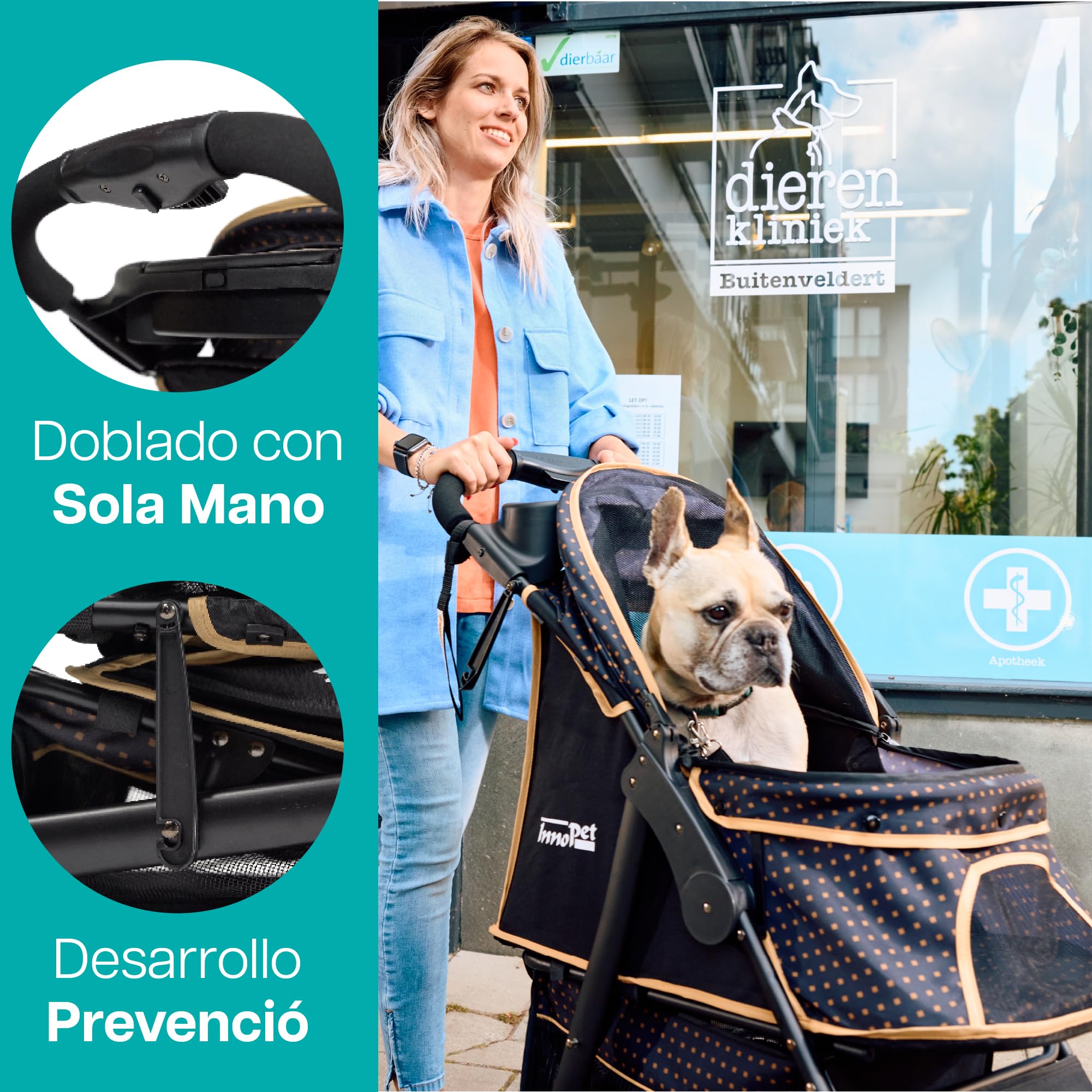 Innopet Adventure negro/amarillo - Cochecito todoterreno para perros hasta 30kg, ruedas EVA antipinchazos de 12”, plegado rápido, portavasos y cesta amplia