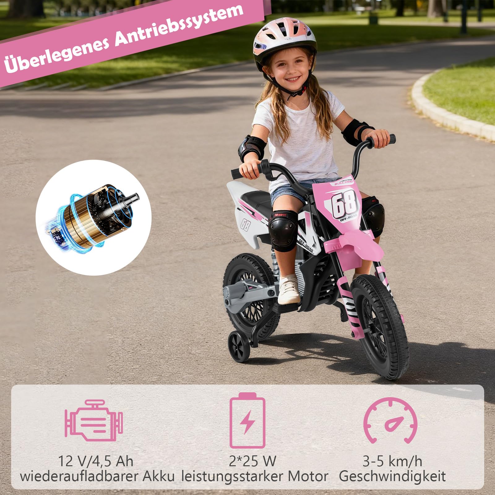 GOPLUS Kinder Motorrad 12V, Kindermotorrad elektrisch mit 2 Stützrädern abnehmbar, Elektromotorrad mit Fußpedalen, Musik & Bluetooth, Motorrad Eletro 3-5 km/h für Kinder 3-8 Jahren (Rosa)