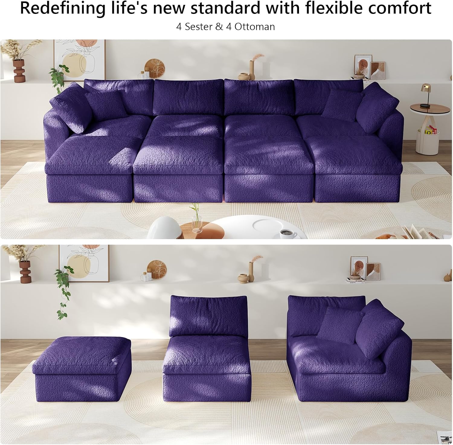 Modular Sectional Sofa Boneless Cloud Couch for Living Room, U Shape Deep Seat Recliner Sofa with Ottoman, Adjustable Backrest & 2 Throw Pillows - Covers Washable, (Purple, 4 Seater+4 Ottoman)