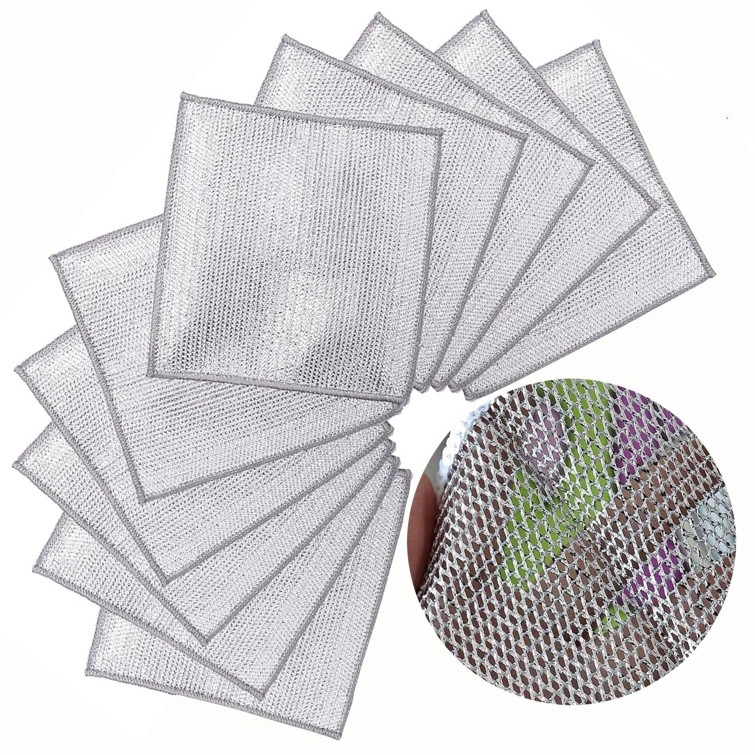10PCS Double Wet and Dry Wire Dishcloth Stainless Steel Scrubber Multi-Purpose Wire Miracle Cleaning Cloths Non-Scratch for Powerful