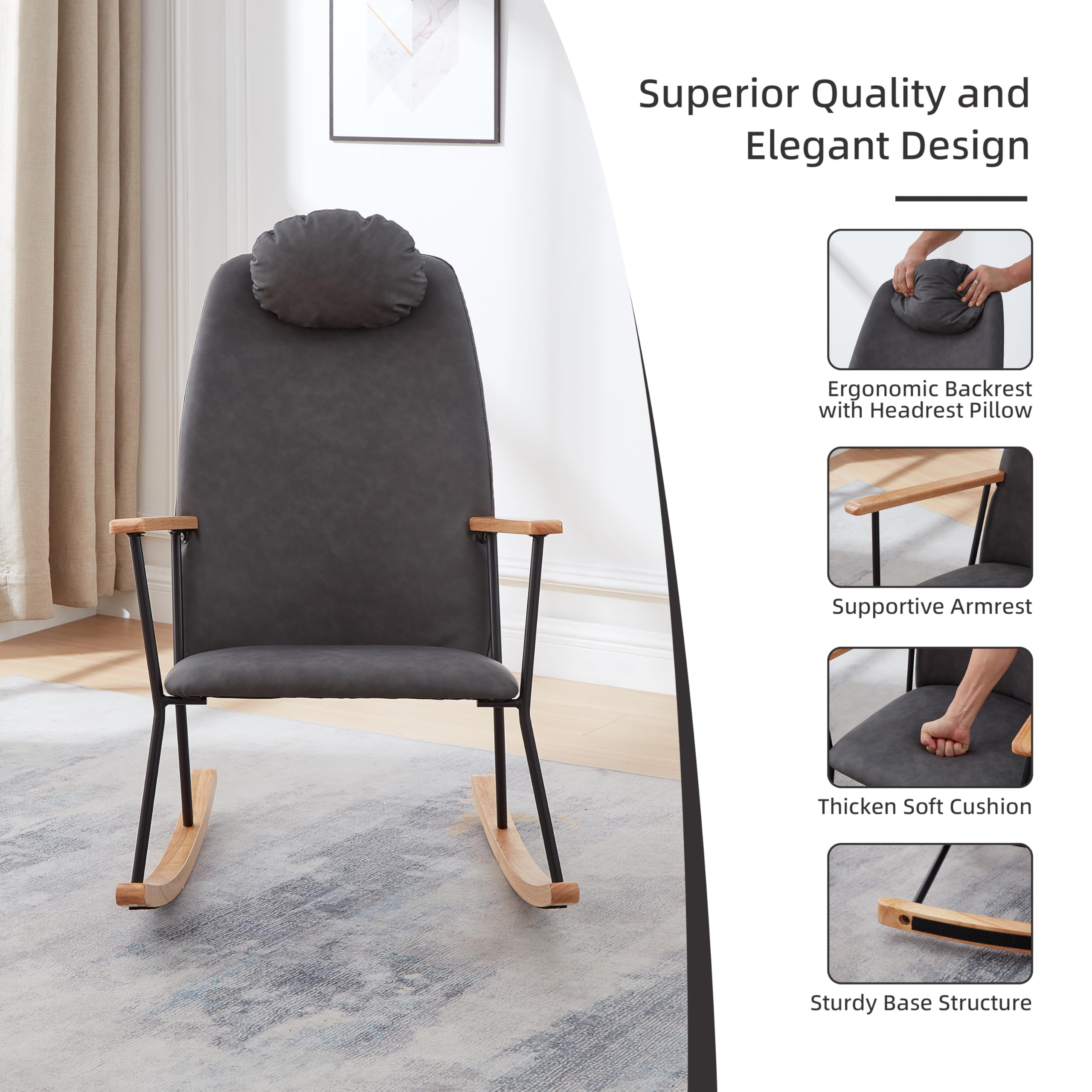 Yestar Adjustable Headrest Pillow Rocking Chair – Modern Leather Upholstered Glider with High Backrest, Nursery, Bedroom & Living Room Accent Chair (Dark Grey + Nature)