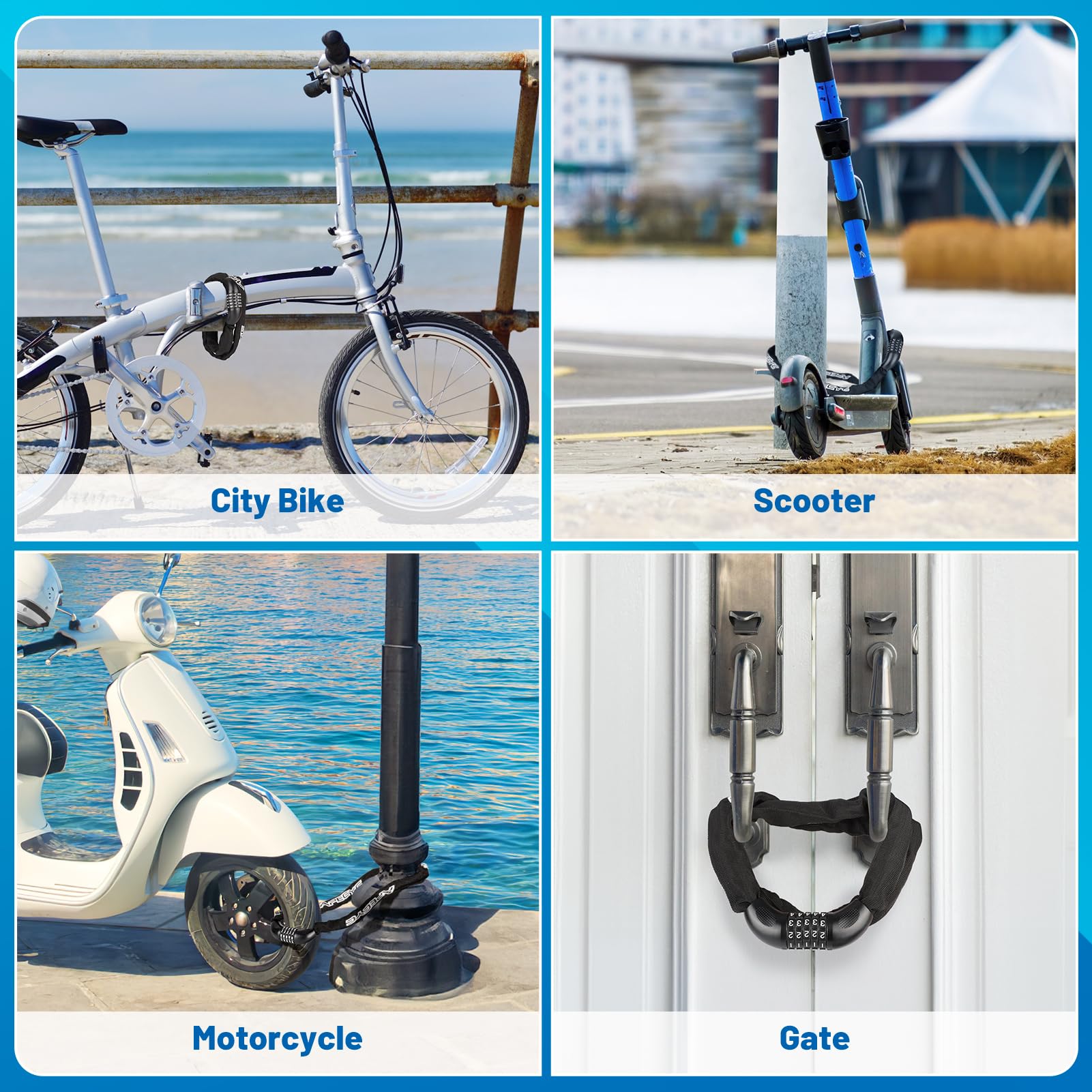 APECYC Fahrradkettenschloss, strapazierfähig, 5-stellige Kombination, Diebstahlschutz, 90 cm, gehärteter Stahl, quadratische Glieder, Schlösser für Fahrrad, E-Bike, Motorrad, Roller, Tor