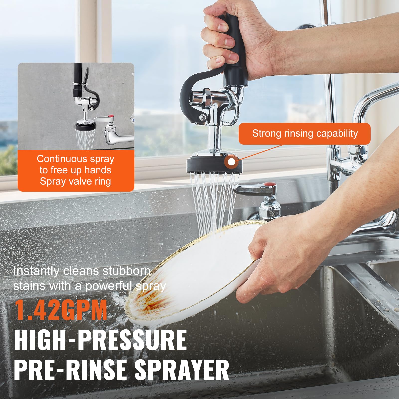 VEVOR Grifo Comercial con Rociador de Preenjuague, 53,34 cm de Altura, 20,32 cm de Centro, Caño Oscilante, Grifo para Fregadero de Cocina de Montaje en Pared, Dispositivo Construido en Latón