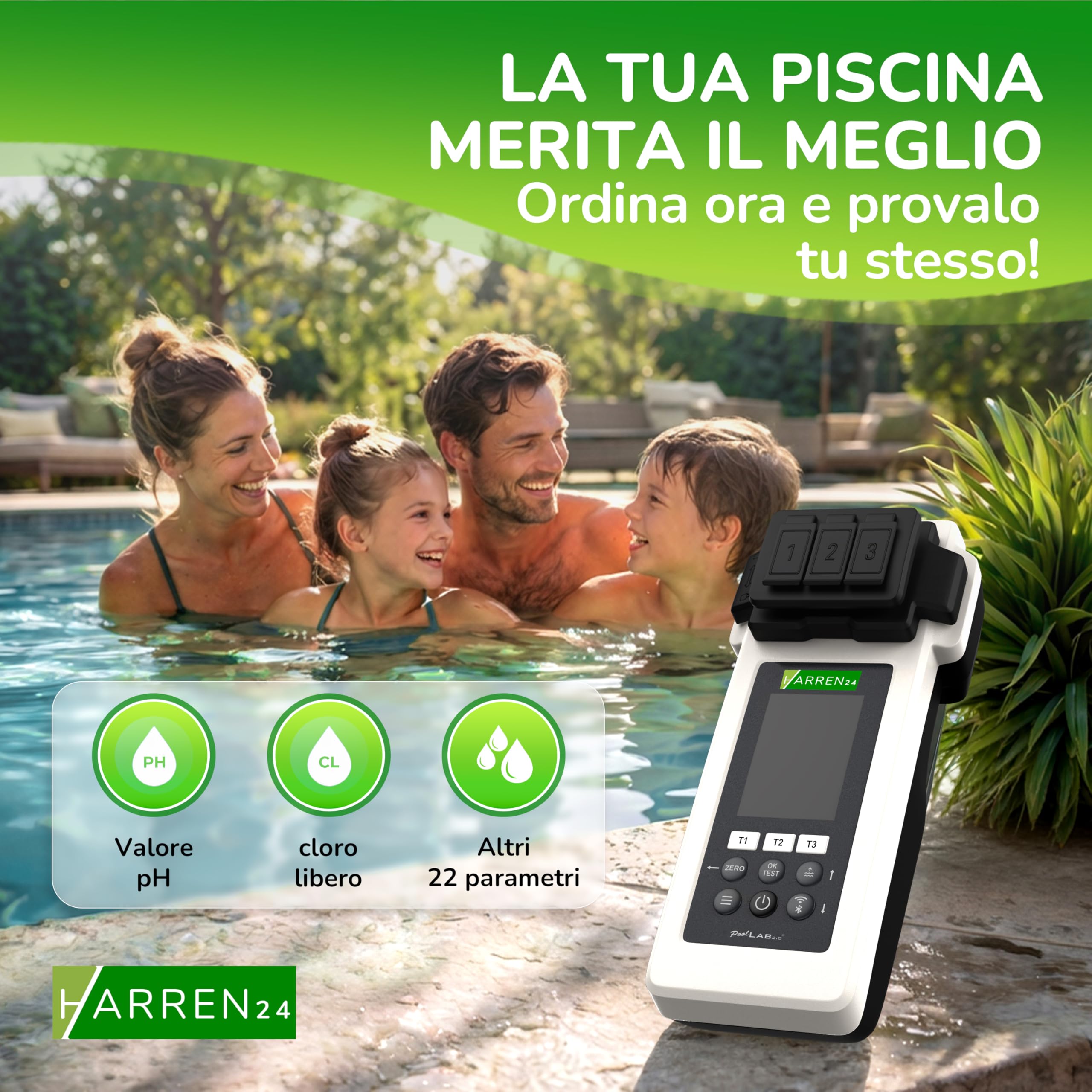 Poollab 2.0 Special Edition, tester elettronico per piscine (fotometro), tester per l'acqua della piscina, 170 compresse per test del pool per cloro, valore pH, rosso fenolo, accessori per
