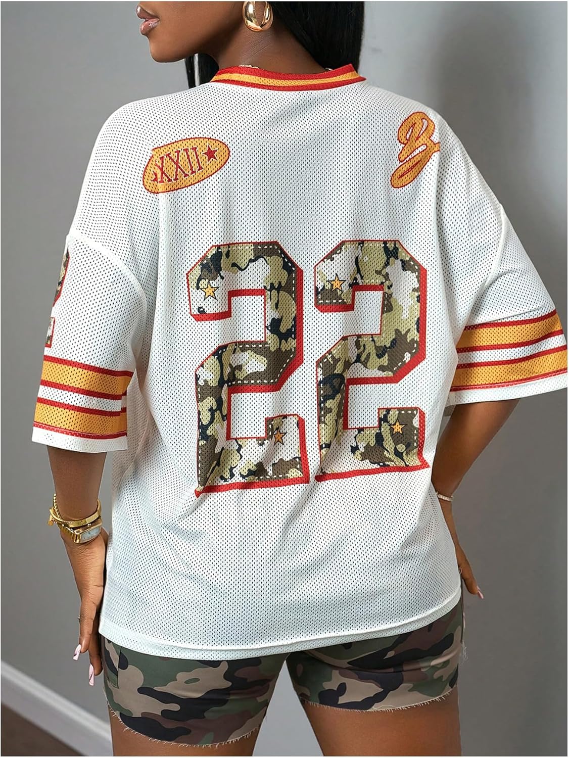 Women's Number Graphic Jersey Shirts Striped Half Sleeve V Neck Loose Casual T Shirt - Image 2