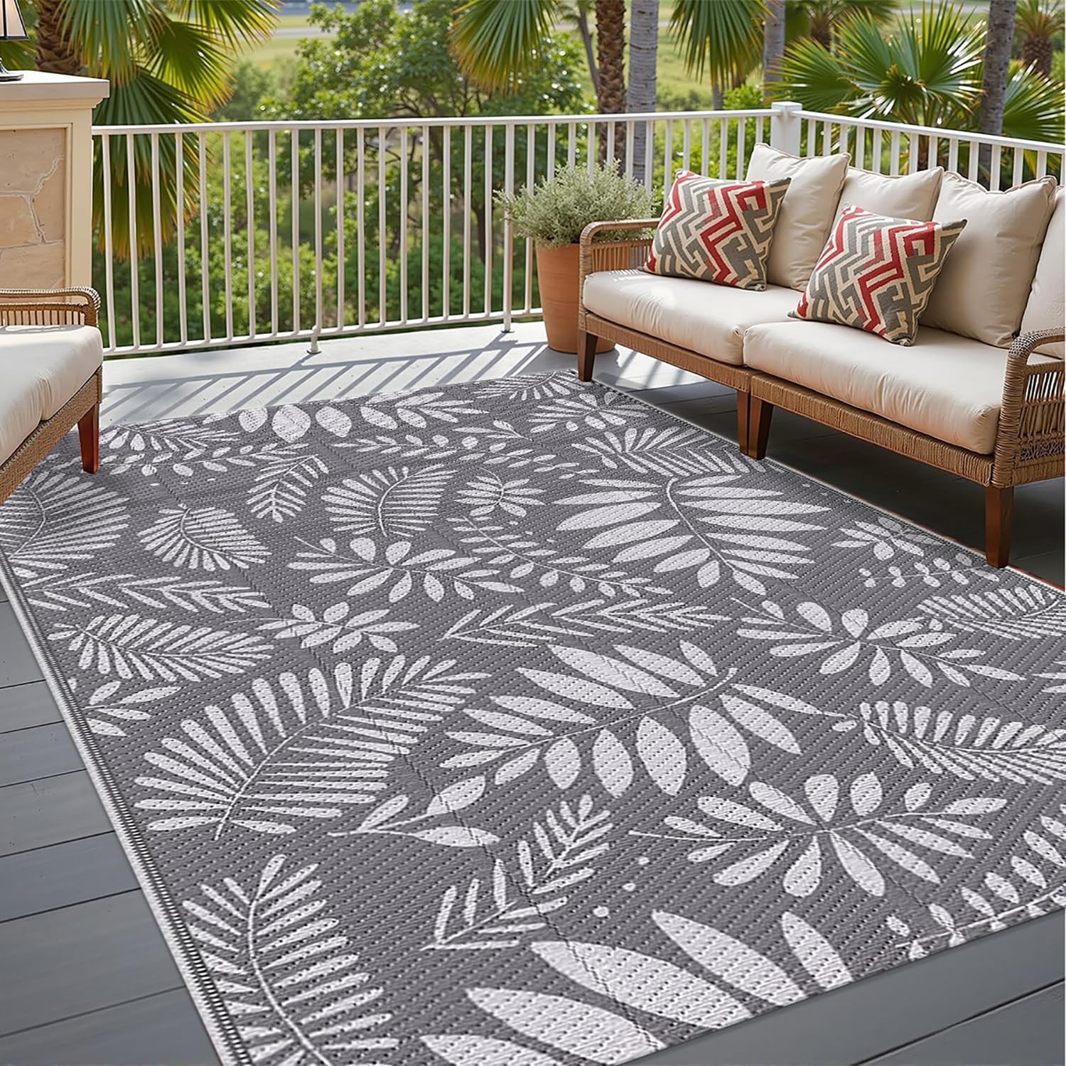Dywanik na Patio 180x270 Duża Przenośny Plastikowy Dywanik Kempingowy z Wzorem Tropikalnych Liści Ogrodowy Dywanik Wodoodporny Dwustronna Mata na Taras,Piknik,Balkon,Basenie,Szaro-Biały