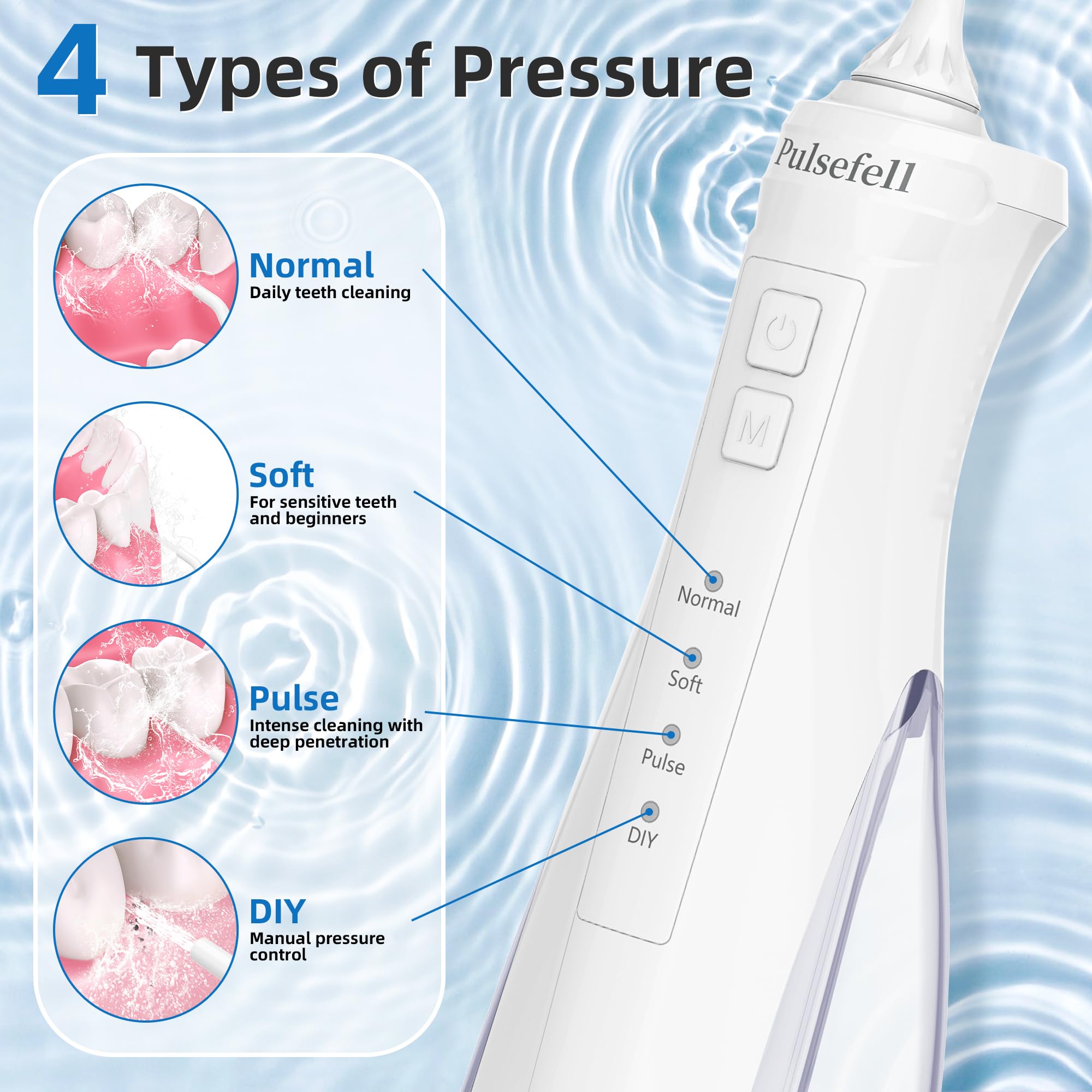 Jet Dentaire Hydropulseur Portable, 300 ML USB Rechargeable Sans Fil Hydropulseur Dentaire avec 4 Embouts et 4 Modes, étanche IPX7 Water Flosser pour Domicile et en Voyage (Blanc)