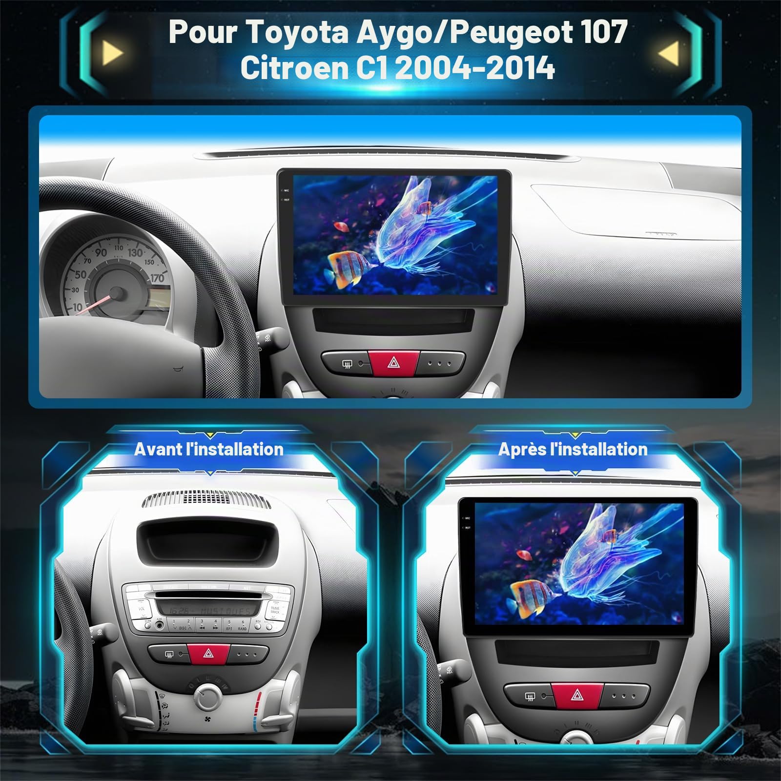 4G+128G Android Autoradio pour Toyota Aygo/Peugeot 107/Citroen C1 2004-2014 avec Carplay & Android Auto sans Fil, Écran Tactile IPS 9 Pouces avec GPS, WiFi, EQ, Bluetooth 5.0, Radio FM/RDS