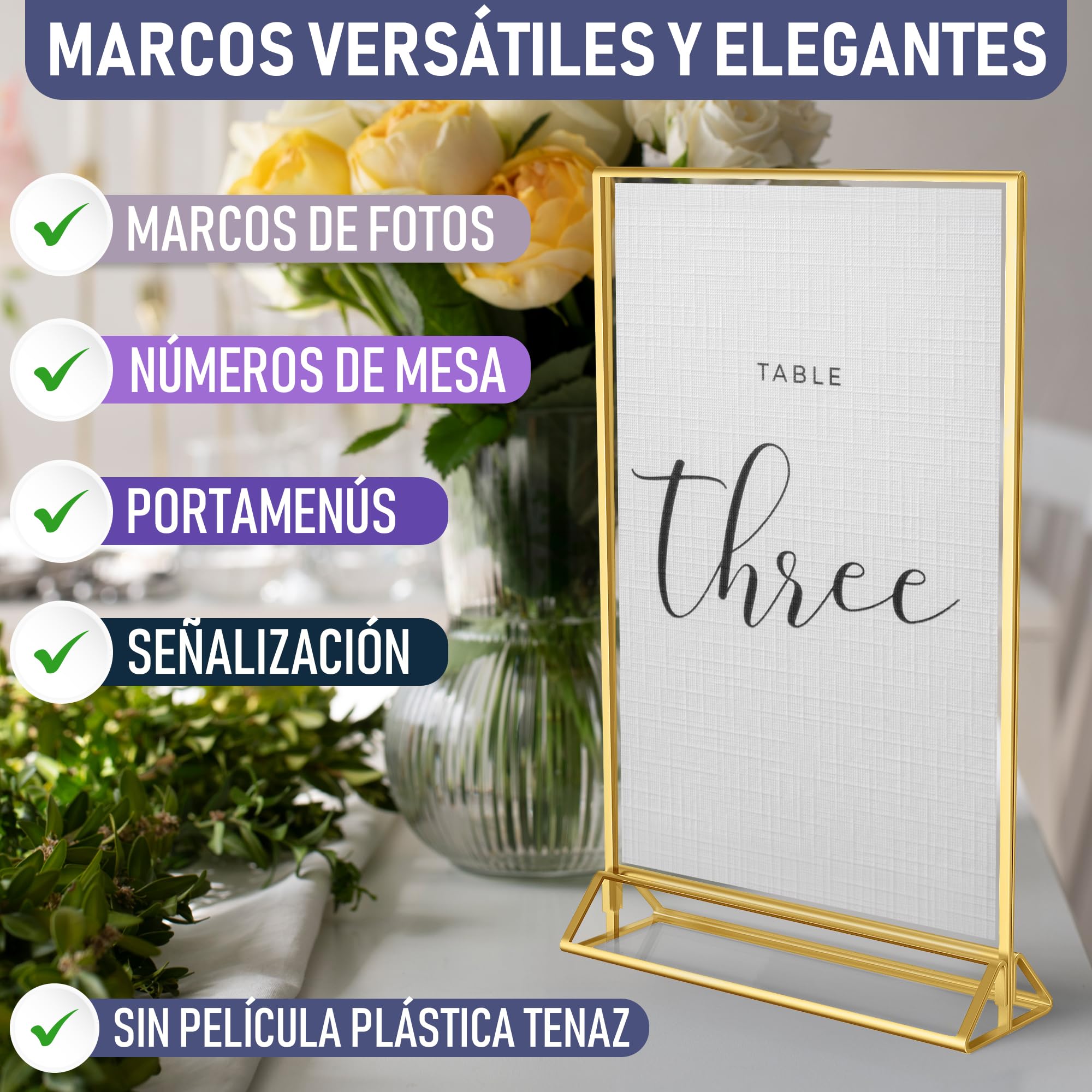 Marcos dorados de doble cara – 6 unidades – soportes de números de mesa de acrílico dorado, soportes de mesa de caballete transparente para letreros, soporte de menú, marco de fotos (A5)