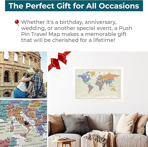 Miniatura 9 de Lienzo - Mapa de viaje personalizado Tan Oceans World Push Pin con marco blanco texturizado