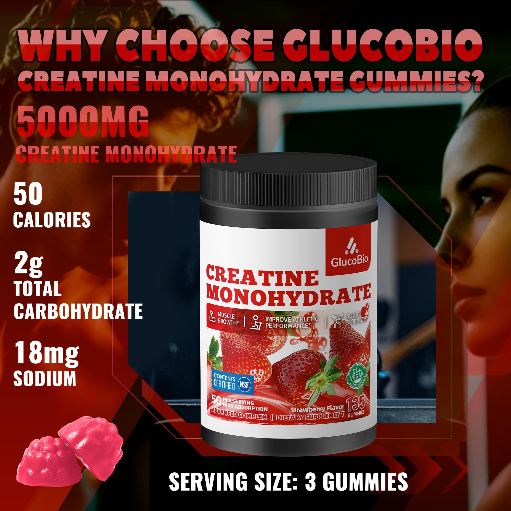 Creatine Monohydrate Gummies (5g) – Pre-Workout Energy & Muscle Growth Support for Men & Women | Strawberry Electrolyte Gummies (135 Count) — Amazon image 4