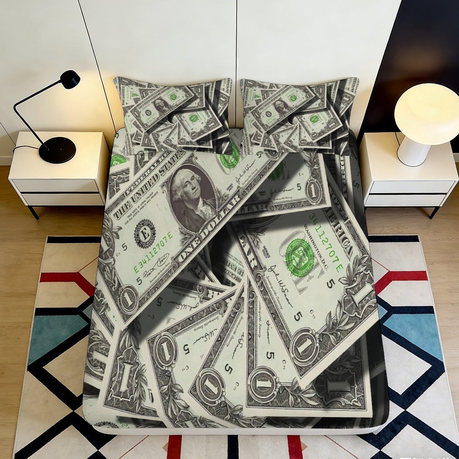 3D Printed Money Dollar Fitted Sheet Microfiber Soft Durable Banknote Bed Cover for Bedroom Guest Room Decor 90x200x25cm