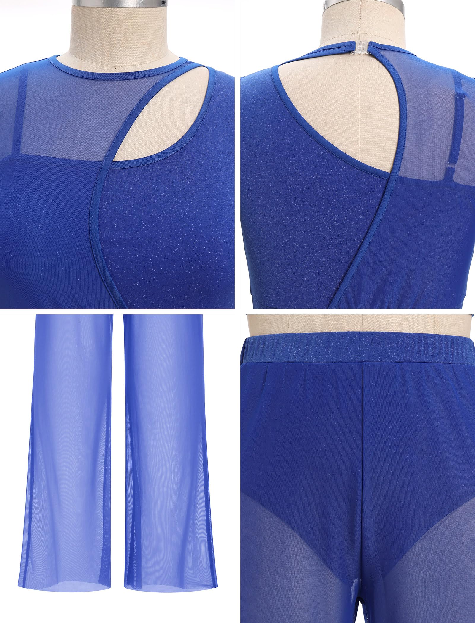FYMNSI Damen Lyrische Tanzkostüme Moderne Zeitgenössischkeit Tanzbekleidung Ballett Outfit Ärmellos Bauchfrei Tops mit weitem Bein Hose