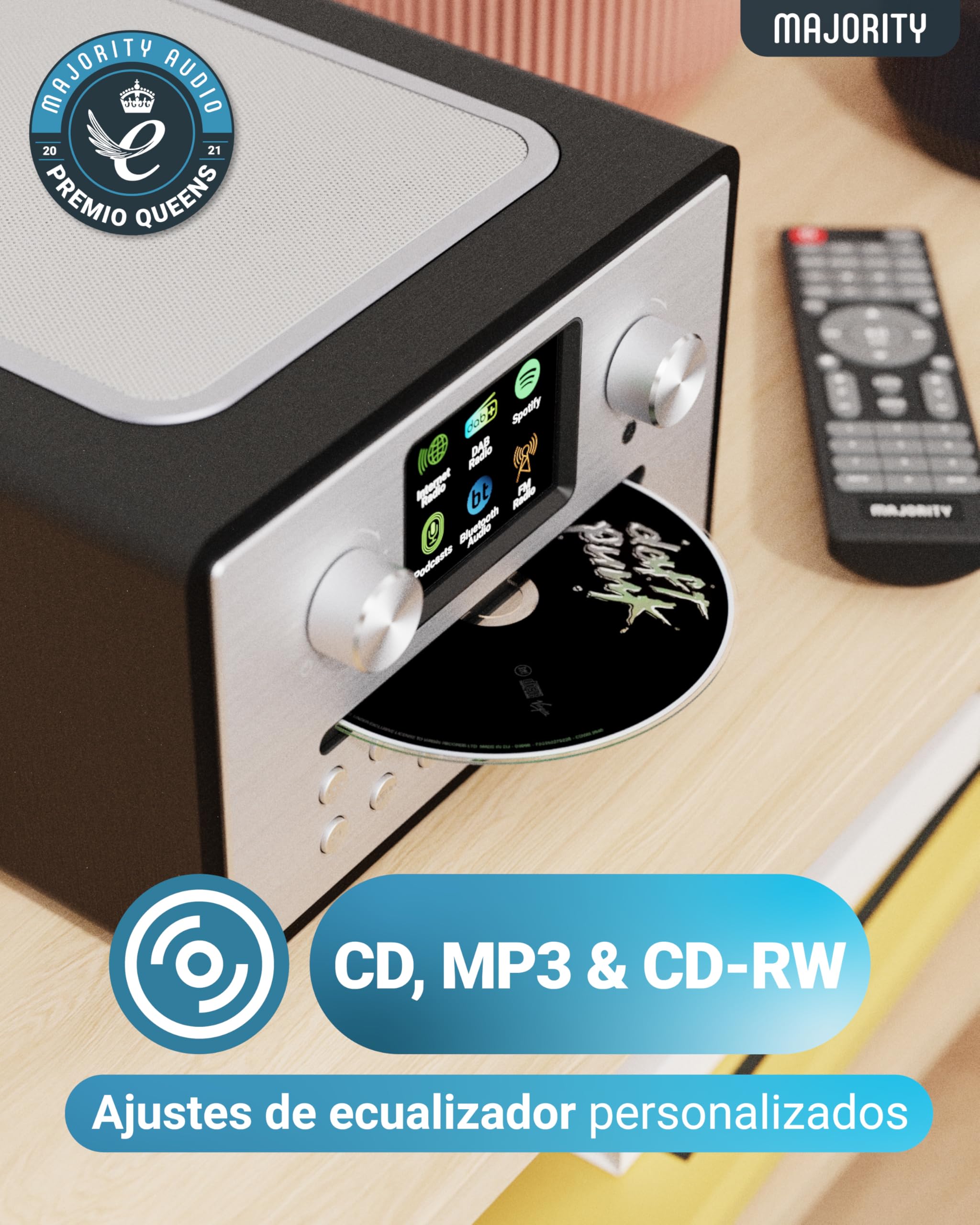MAJORITY Homerton Radio Internet con Reproductor de CD | Radio WiFi con Dab+, Bluetooth y Despertador | Spotify Connect, Podcasts, FM, 90 Preajustes | EQ Personalizado y Mando a Distancia (Negro)