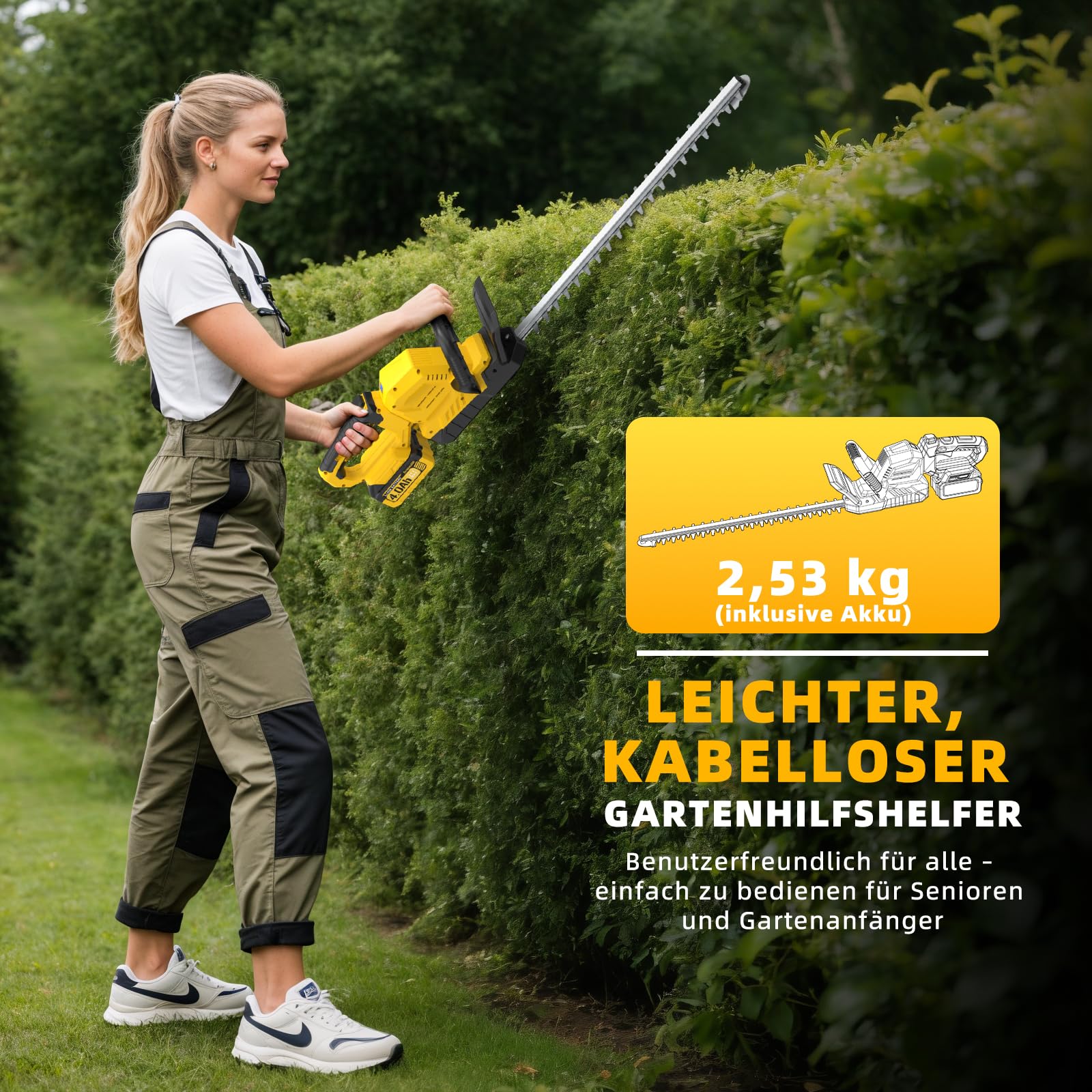 53cm Akku Heckenschere mit 2x4.0Ah Akkus und Ladegerät - 21V Leichte Elektrische Heckenschere mit Akku, 16mm Zahnabstand, 180° Drehbarer Griff, Heckenscheren für Garten und Sträucher